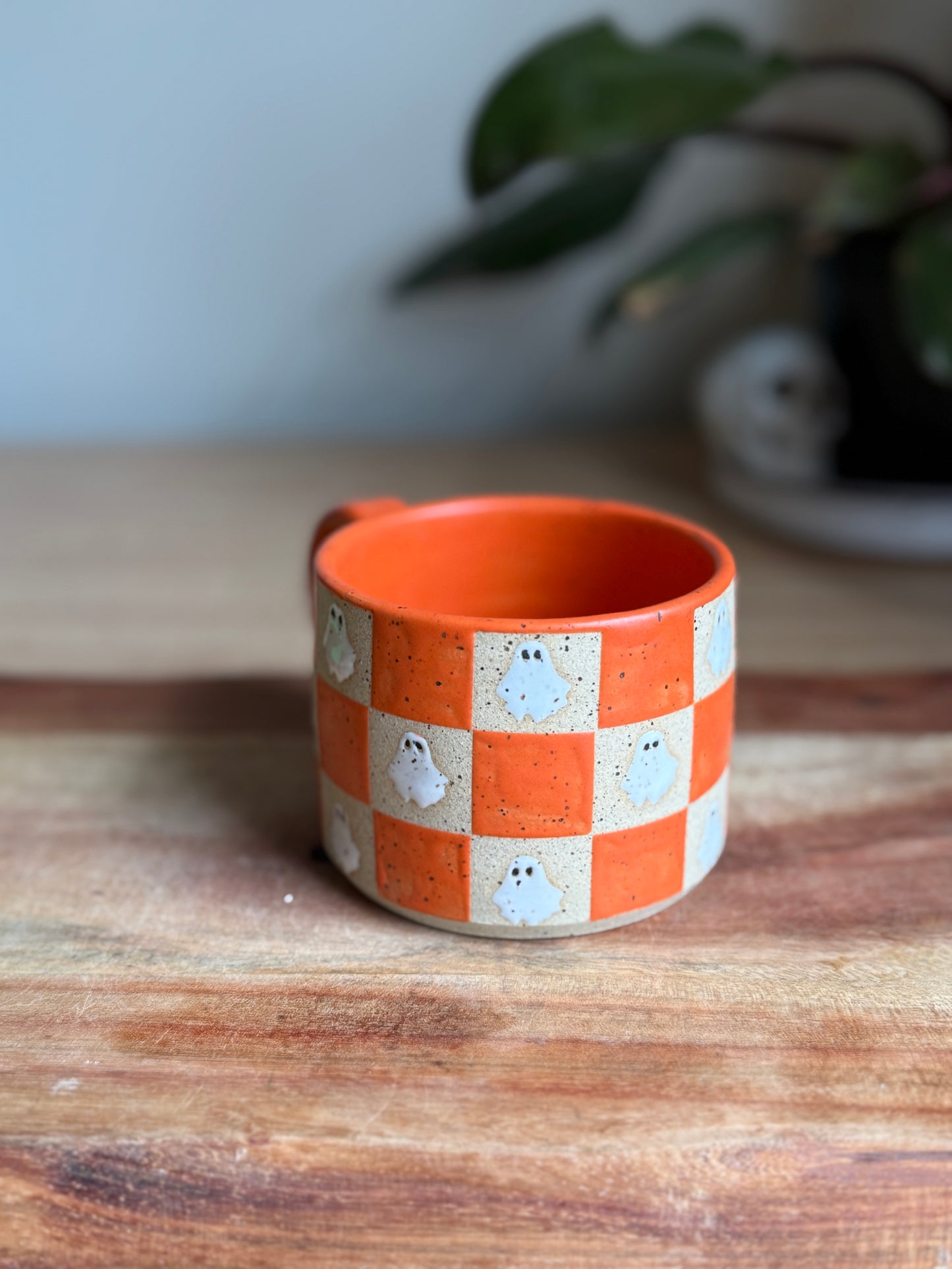 Matte Orange Checkered Ghost Mug B