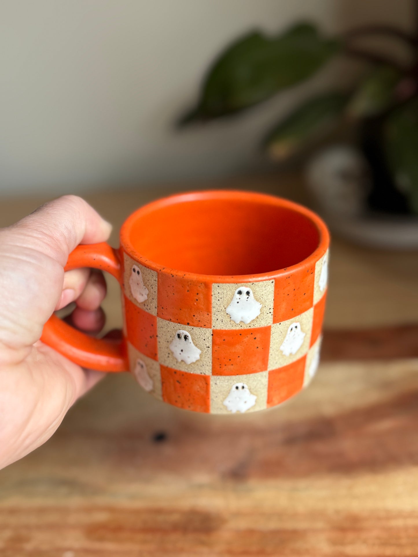 Matte Orange Checkered Ghost Mug B