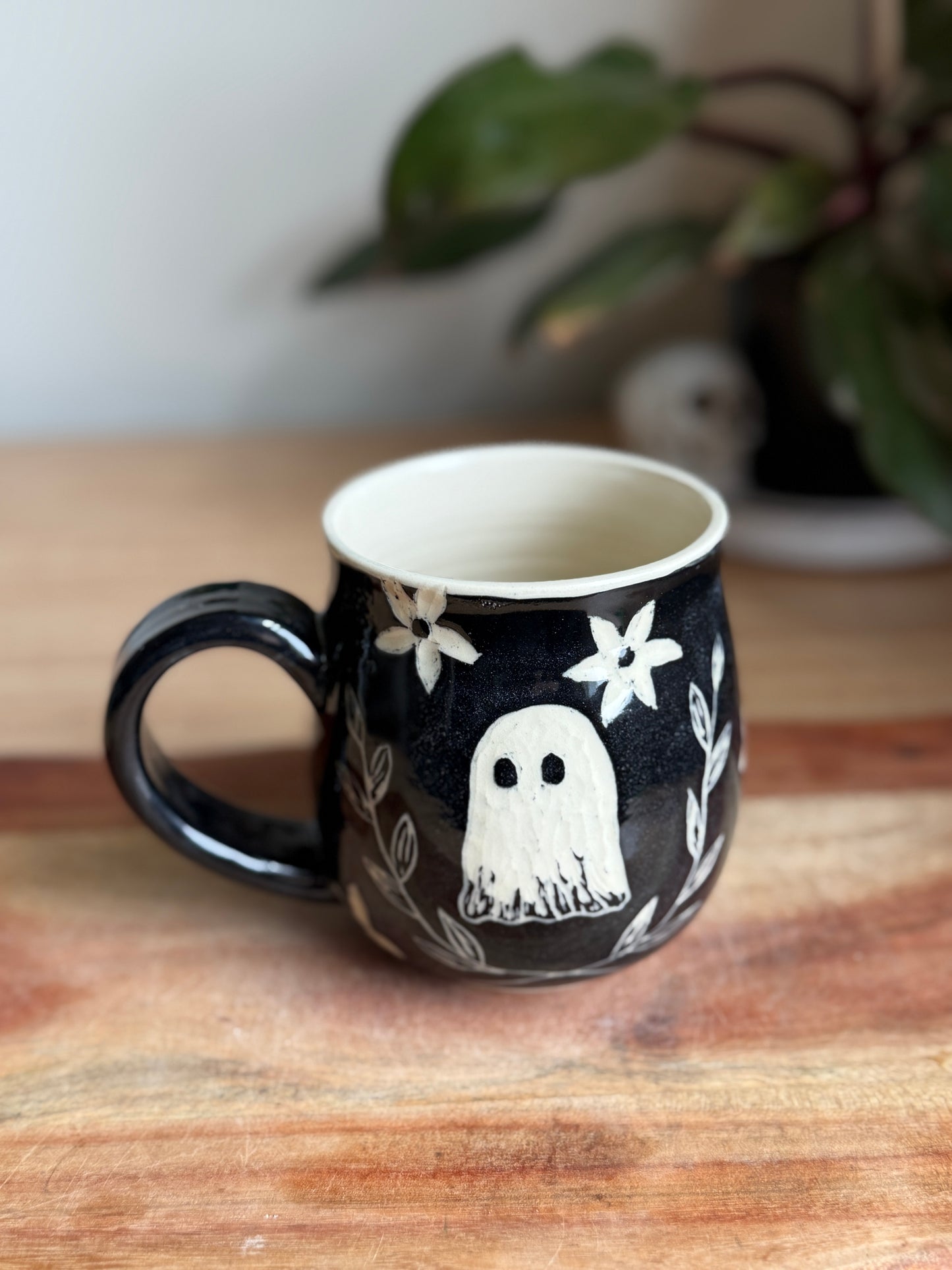 Ghost and Flowers/Leaves Carved Mug