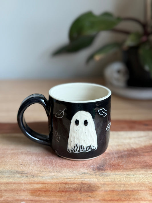 Ghost and Leaves Carved Mug