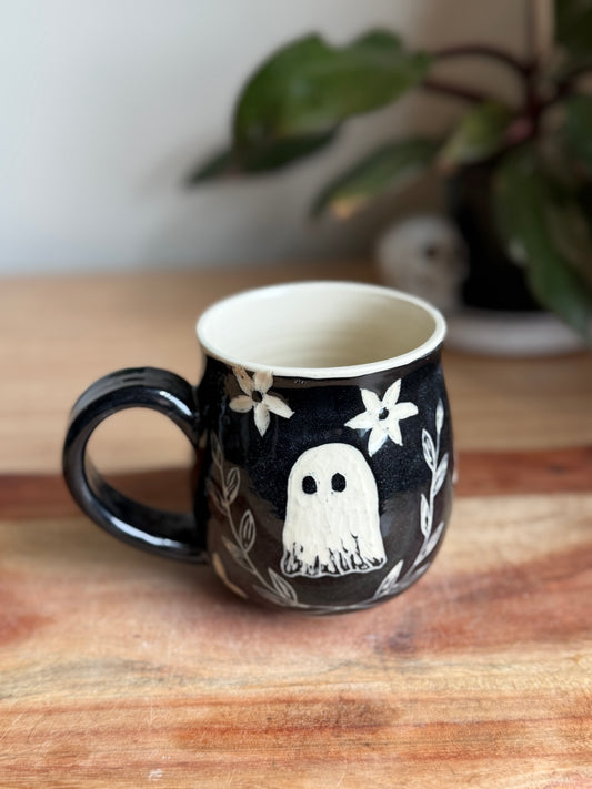 Ghost and Flowers/Leaves Carved Mug