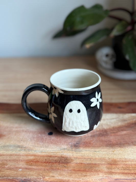 Ghost and Flowers Carved Mug