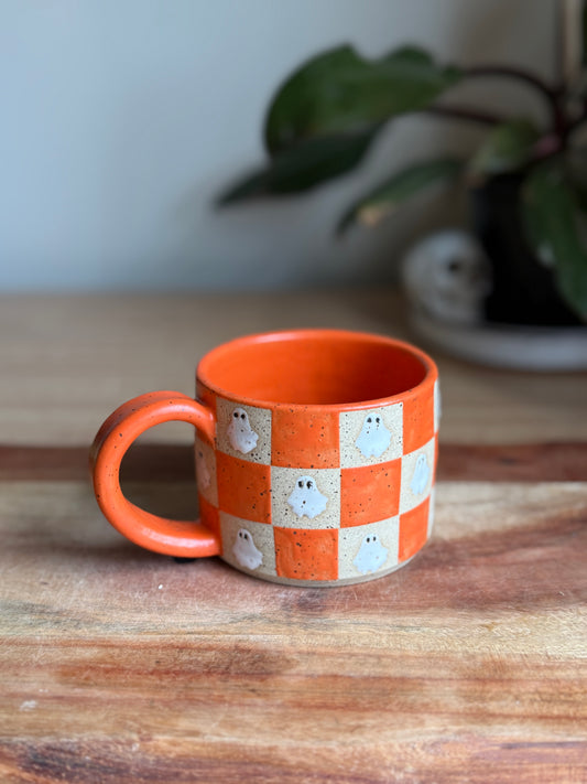 Matte Orange Checkered Ghost Mug B