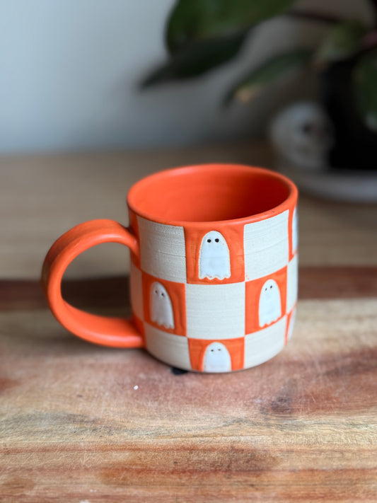 Matte Orange Checkered Ghost Mug A