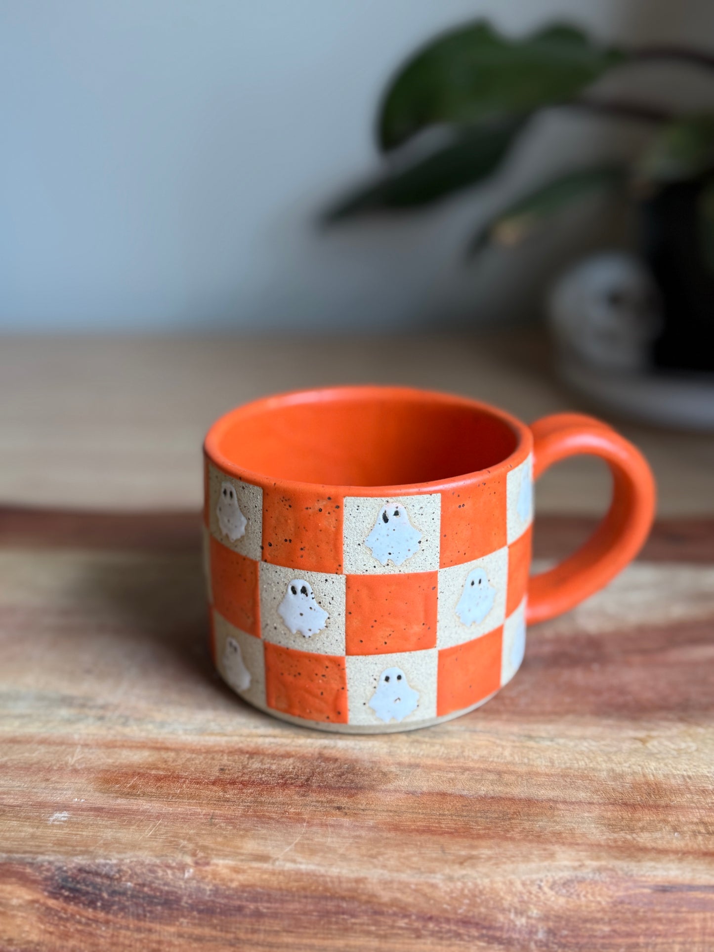 Matte Orange Checkered Ghost Mug B