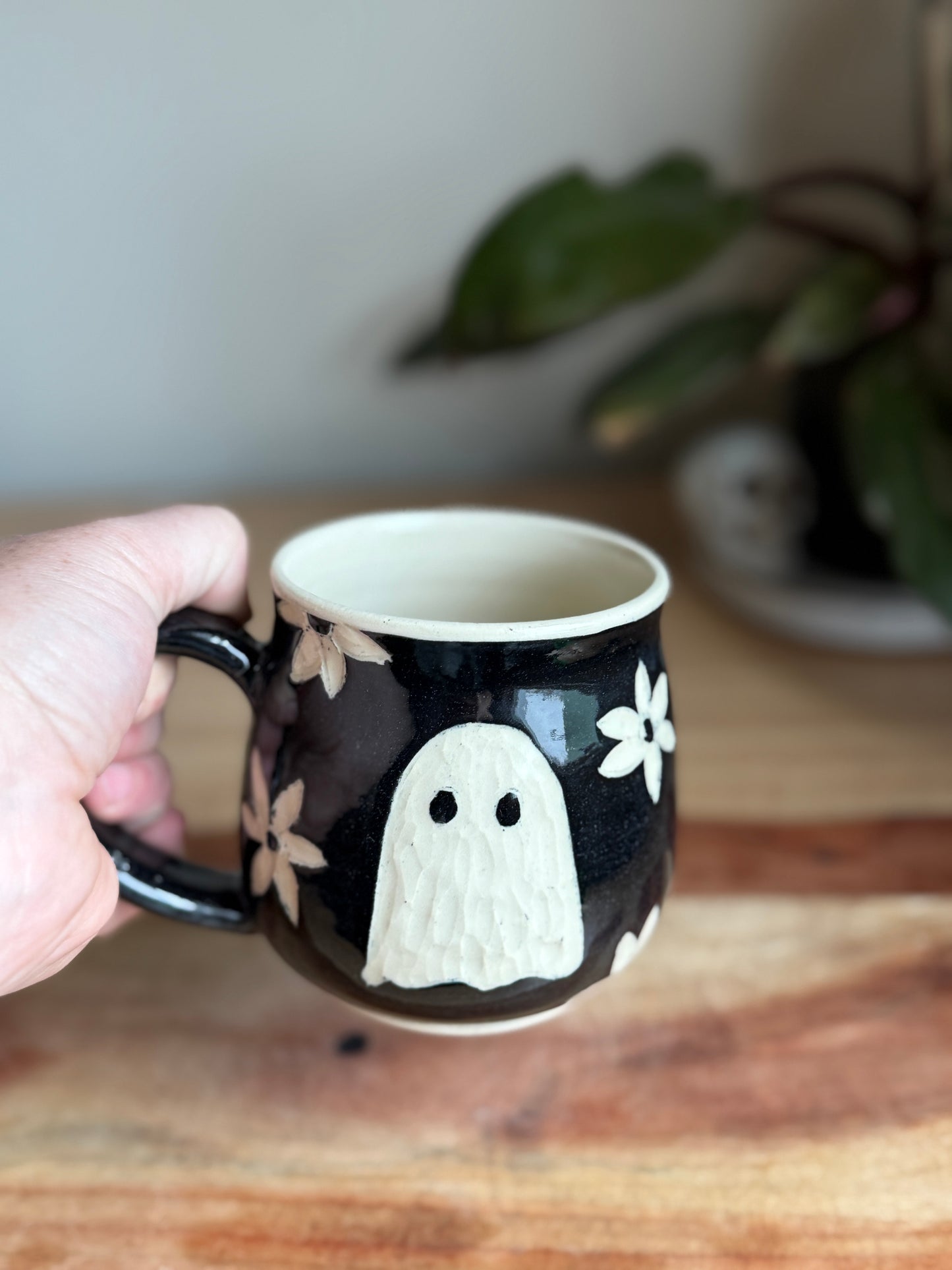 Ghost and Flowers Carved Mug