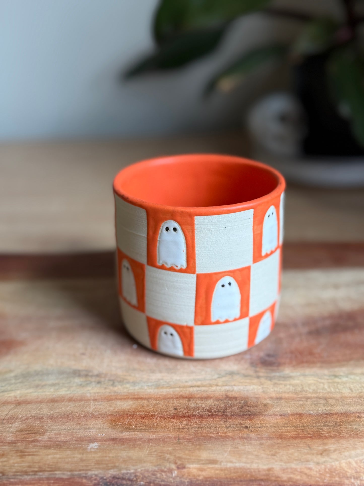 Matte Orange Checkered Ghost Mug A