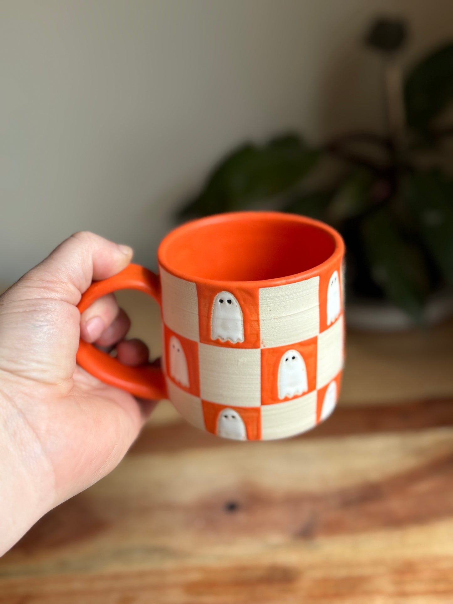 Matte Orange Checkered Ghost Mug A