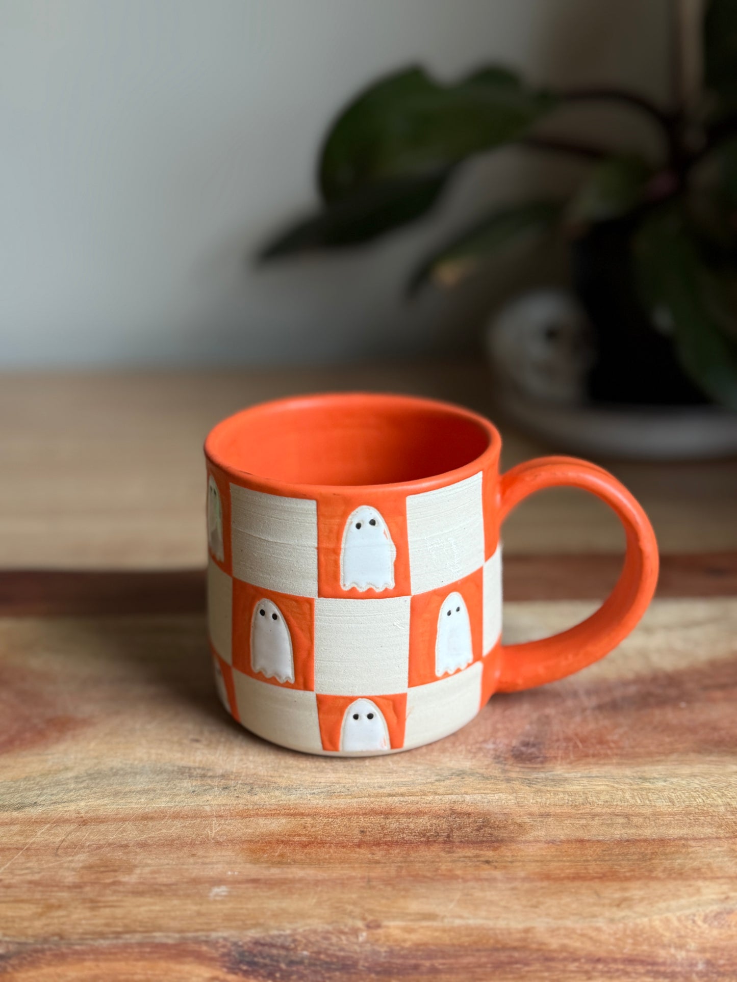 Matte Orange Checkered Ghost Mug A