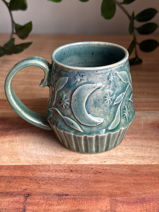 Blue Carved Moon and Leaves Mug B