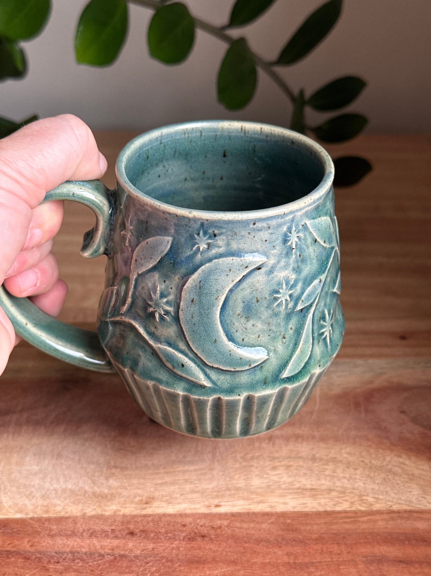 Blue Carved Moon and Leaves Mug B
