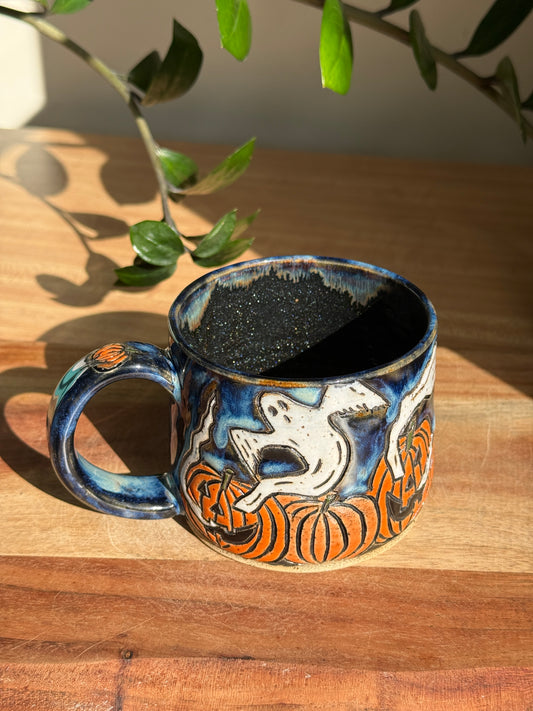 Carved Ghost and Pumpkin Scene Mug A