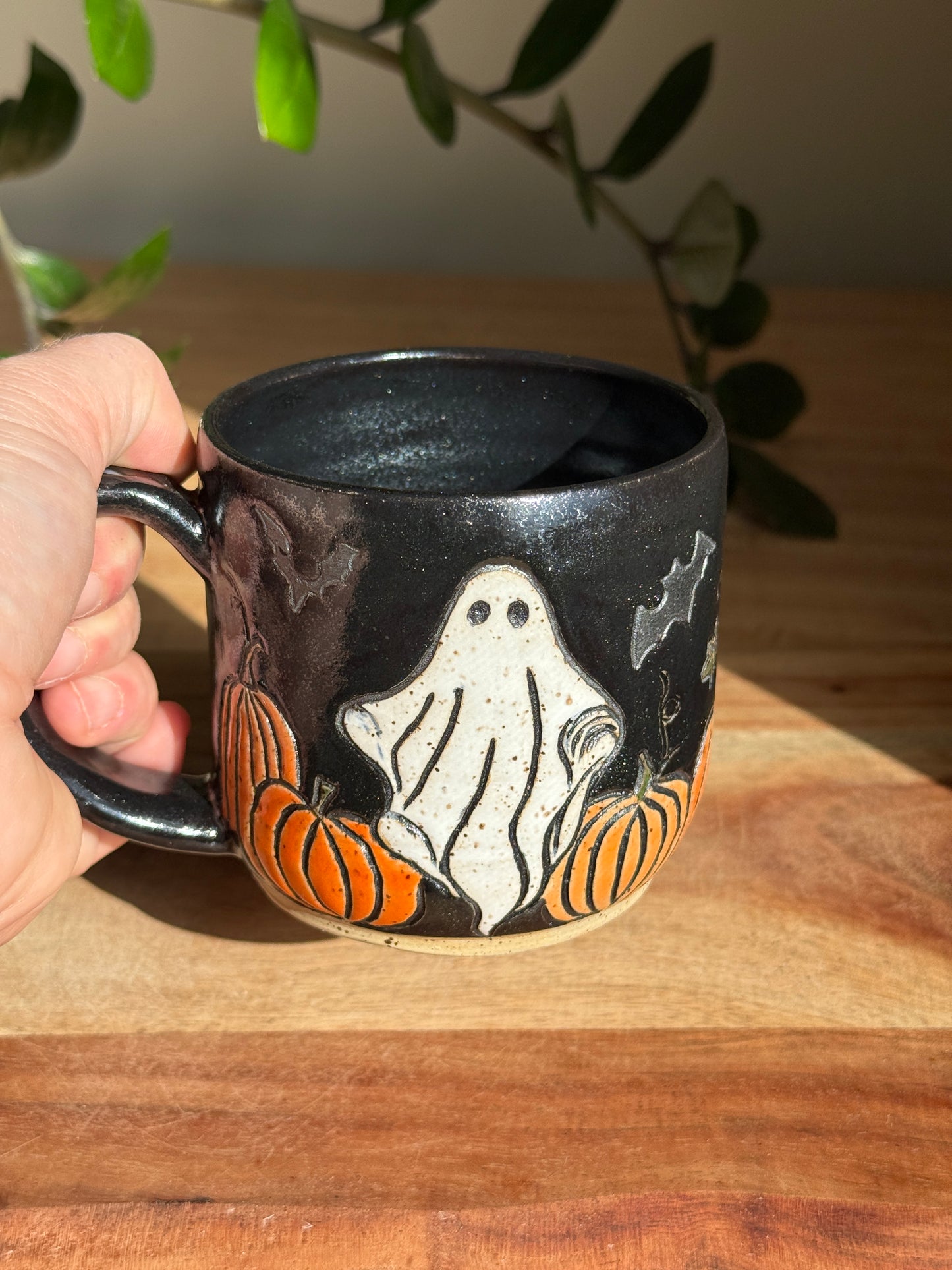 Carved Ghost Character and Pumpkin Scene Mug