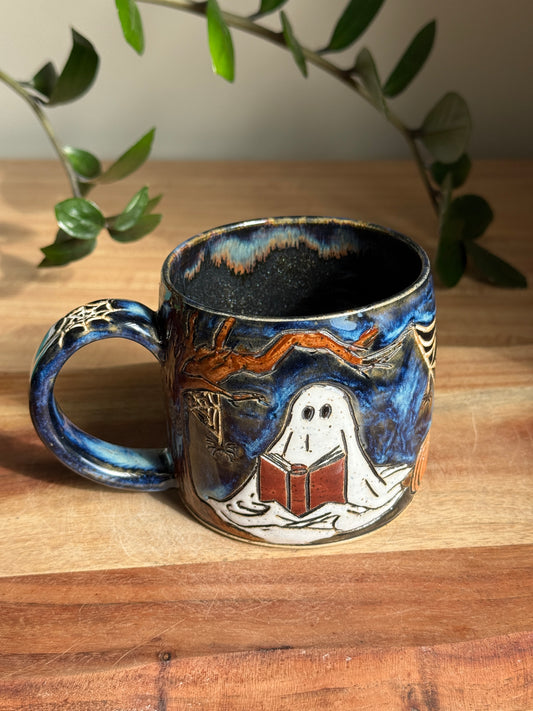 Carved Reading Ghost Mug B