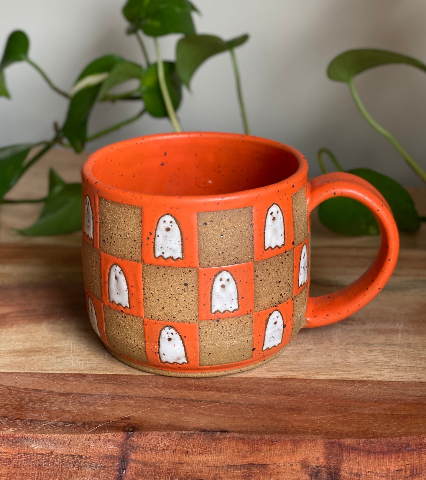 Matte Orange Checkered Ghost Mug A