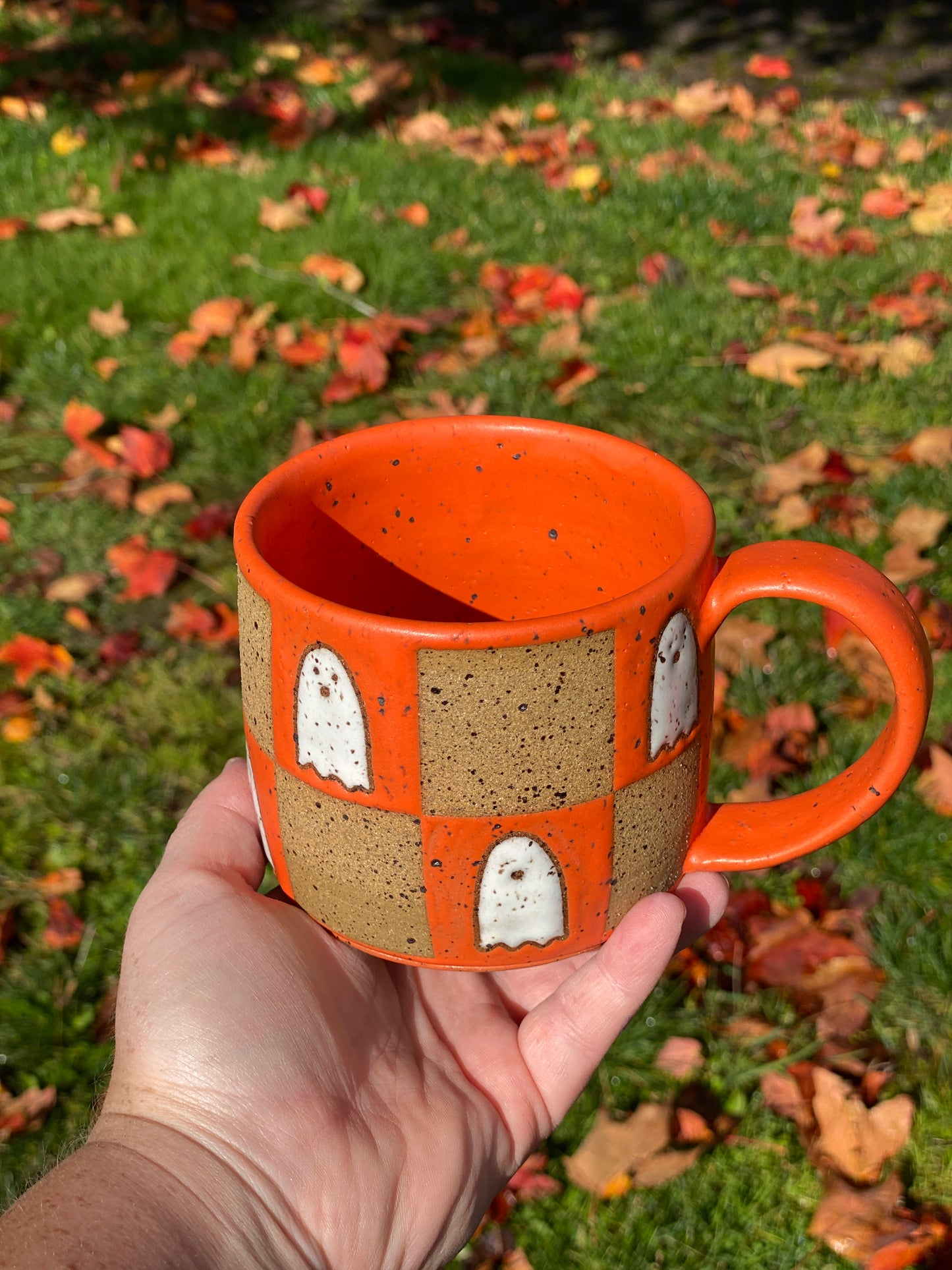 Matte Orange Checkered Ghost Mug B