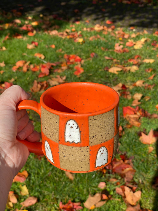 Matte Orange Checkered Ghost Mug B