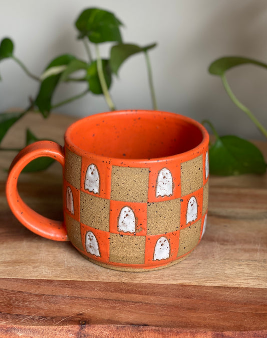 Matte Orange Checkered Ghost Mug A