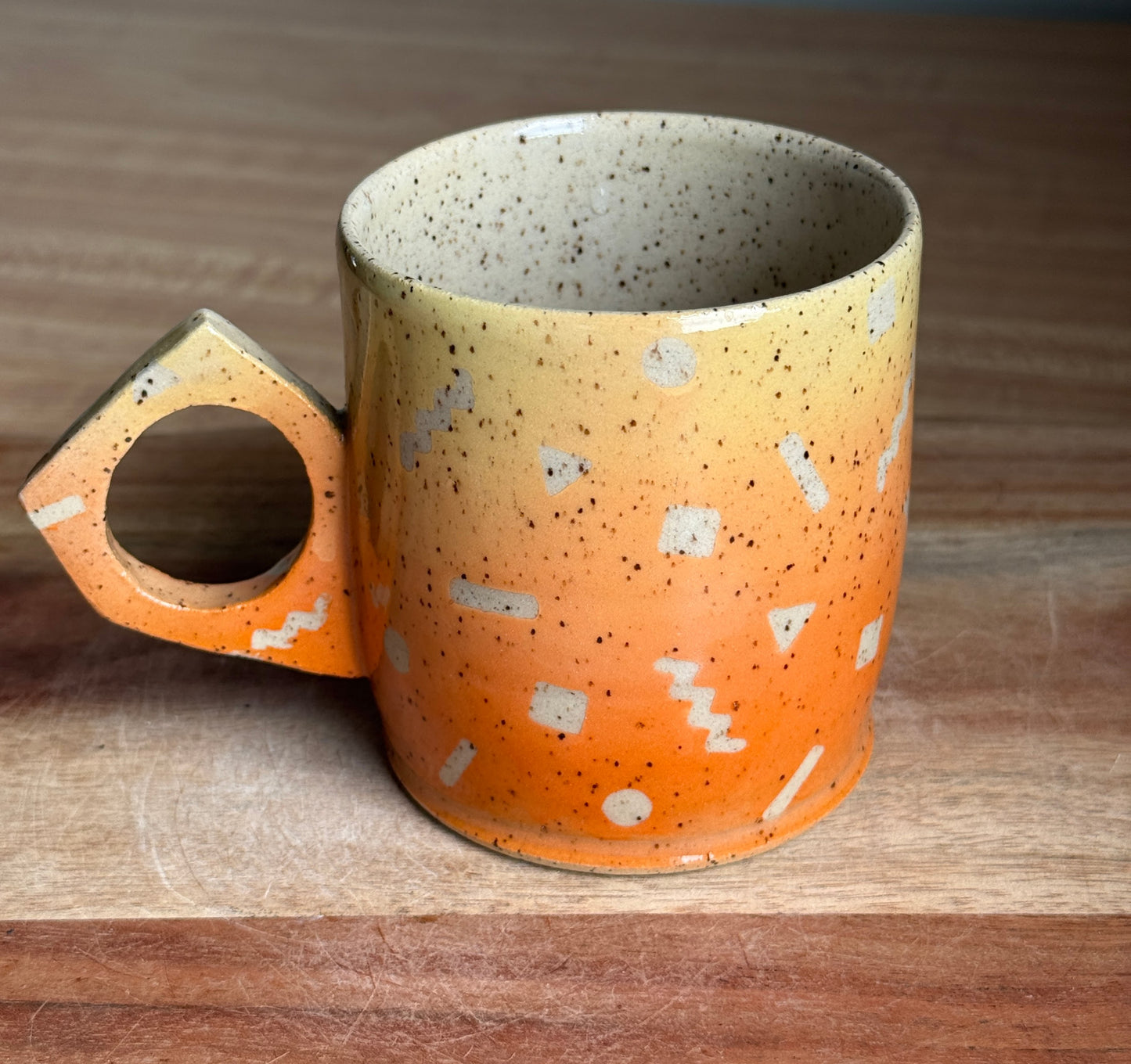 Funky Handled Orange Ombre Mug with Retro Pattern