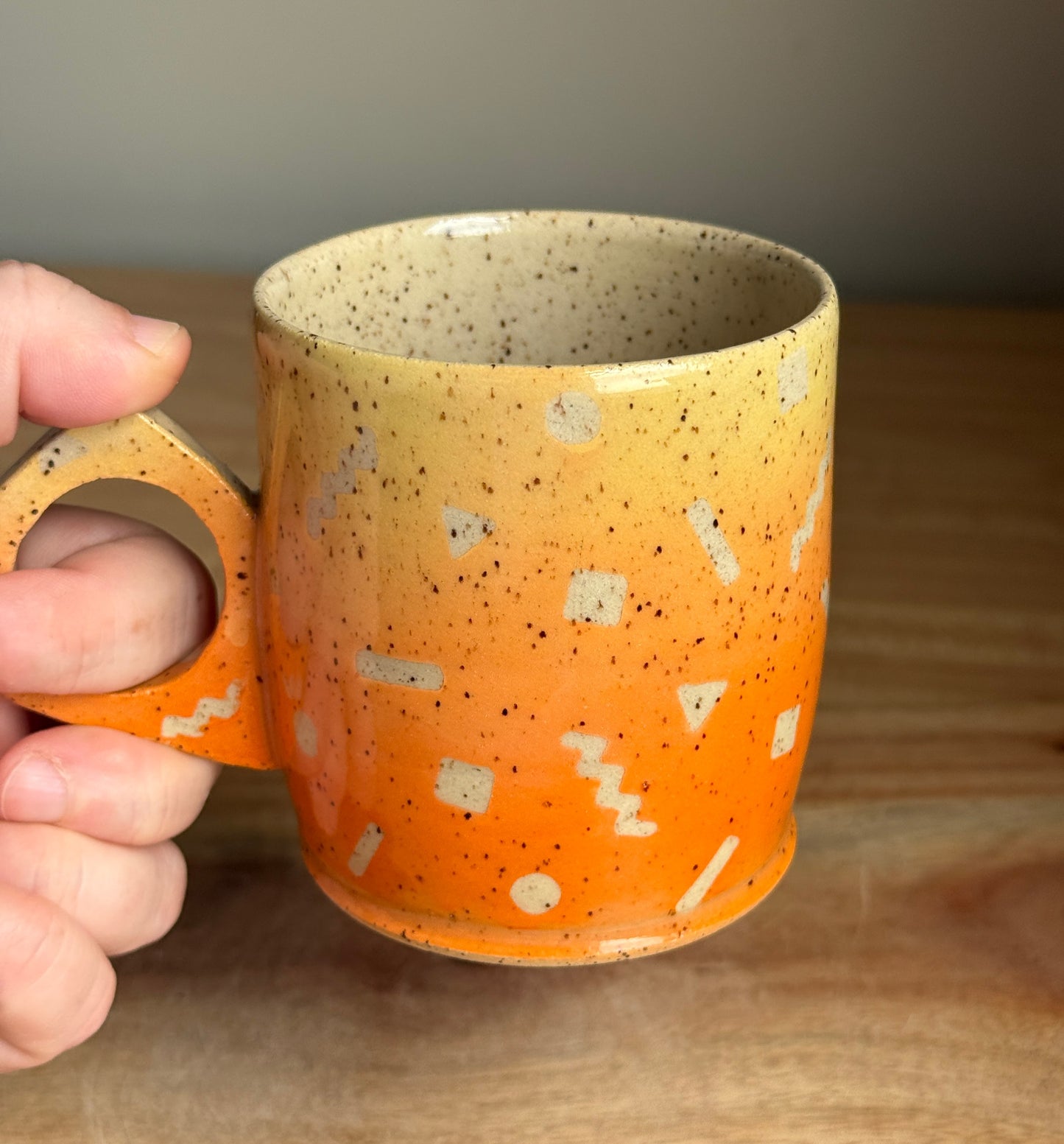 Funky Handled Orange Ombre Mug with Retro Pattern