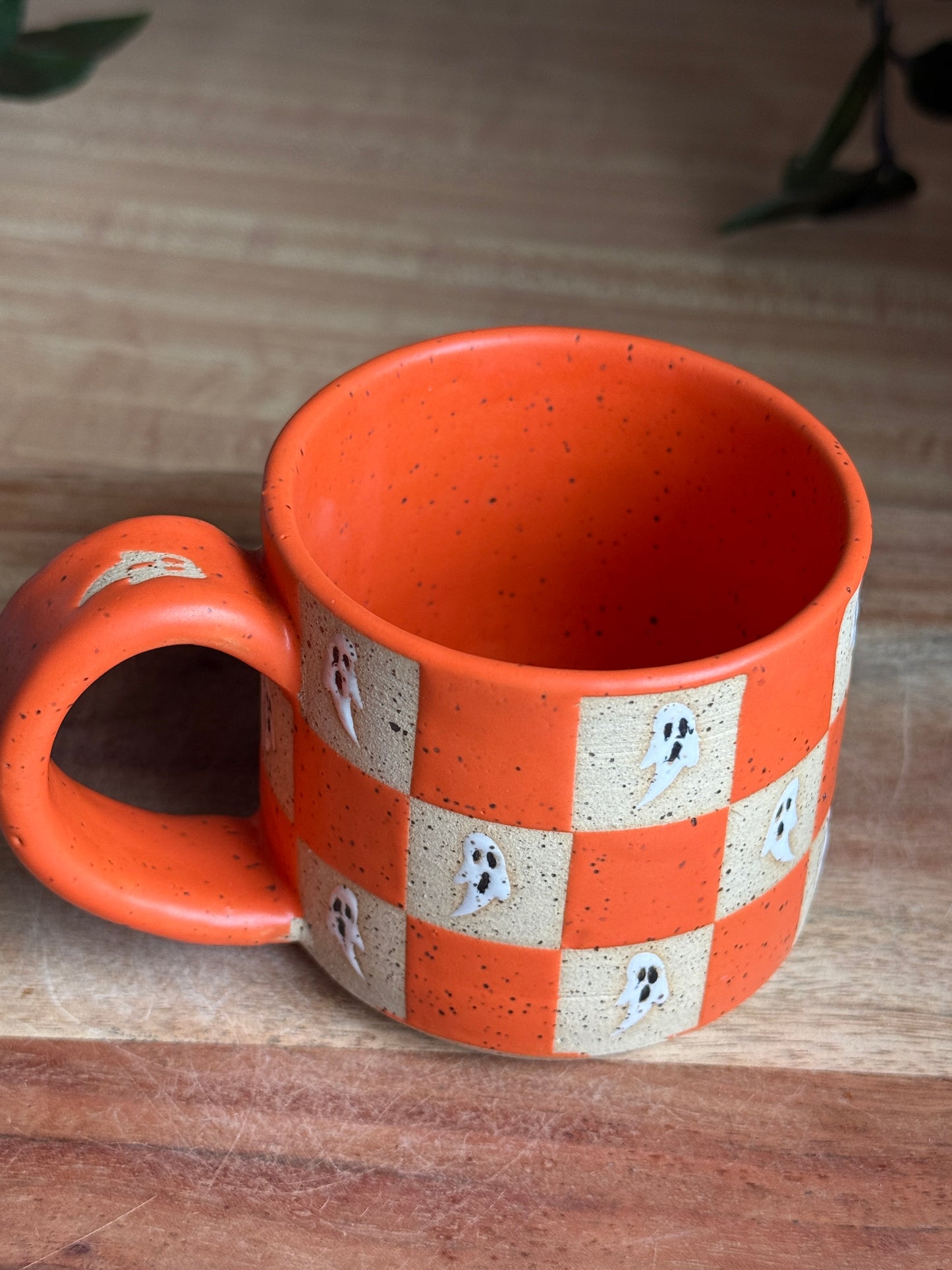 Matte Orange Checkered Ghost Mug