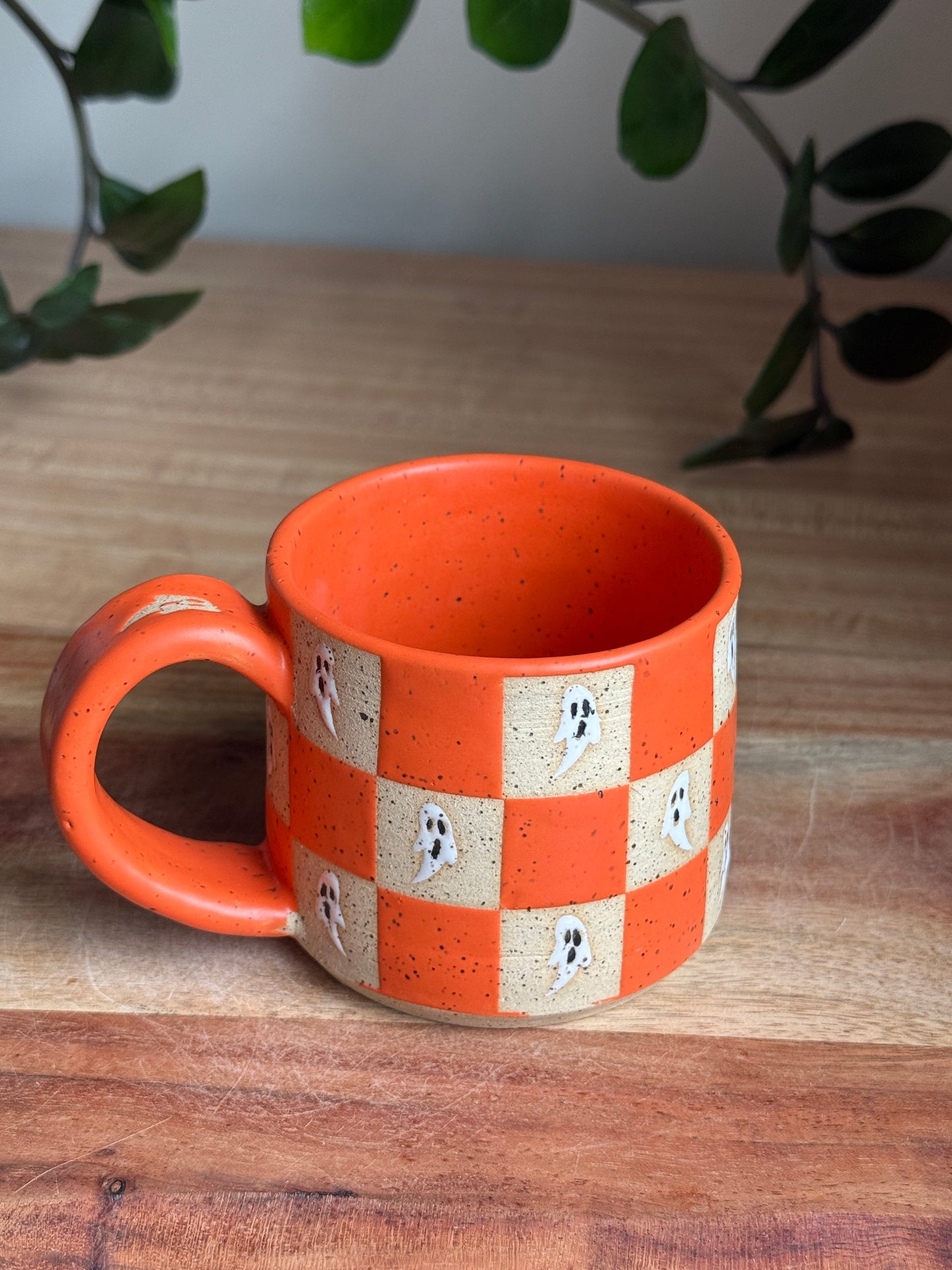 Matte Orange Checkered Ghost Mug