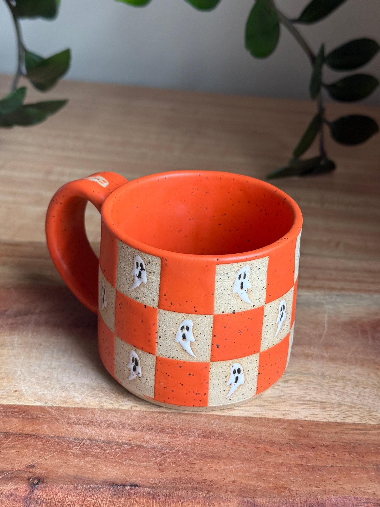 Matte Orange Checkered Ghost Mug