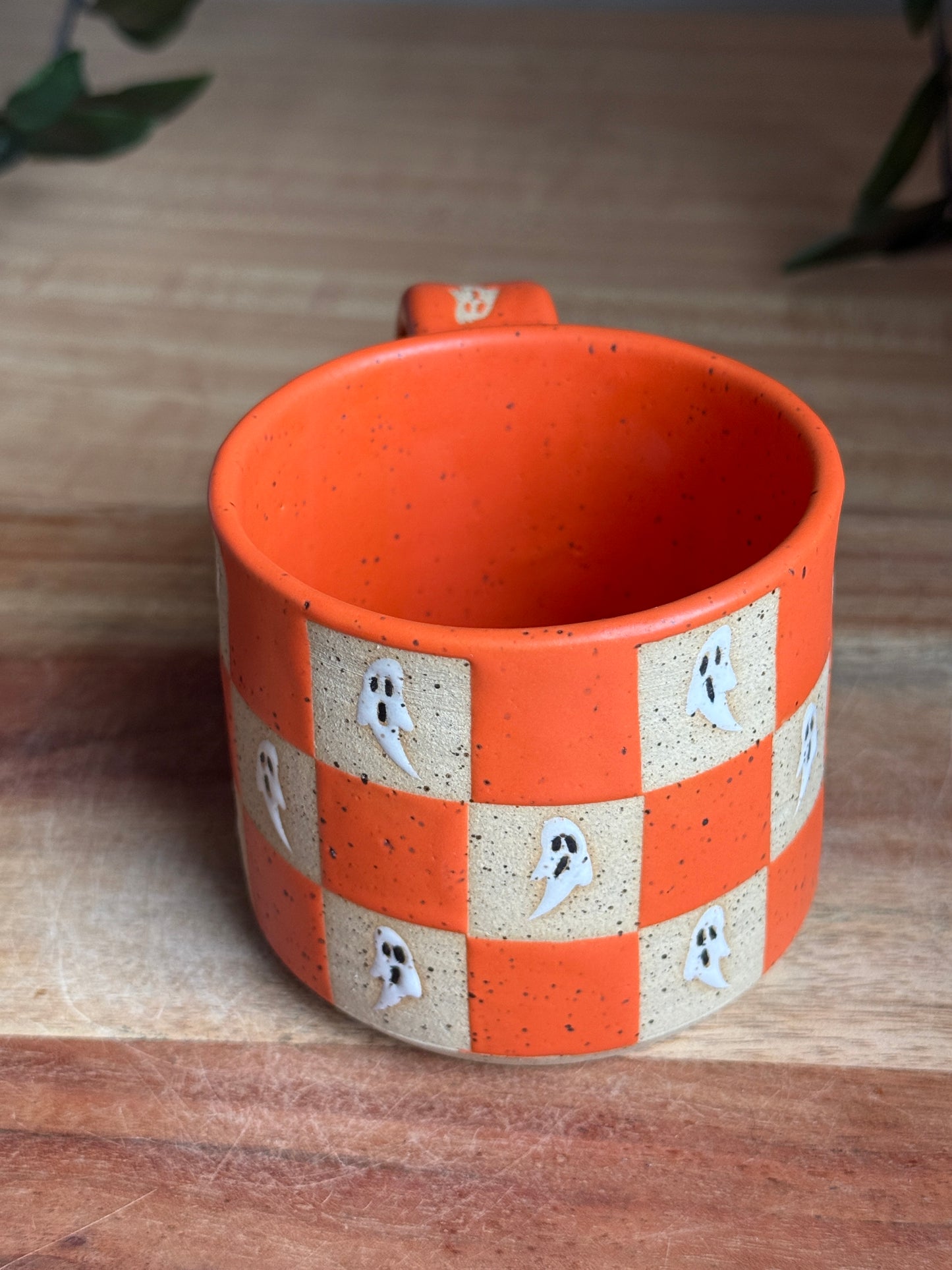 Matte Orange Checkered Ghost Mug