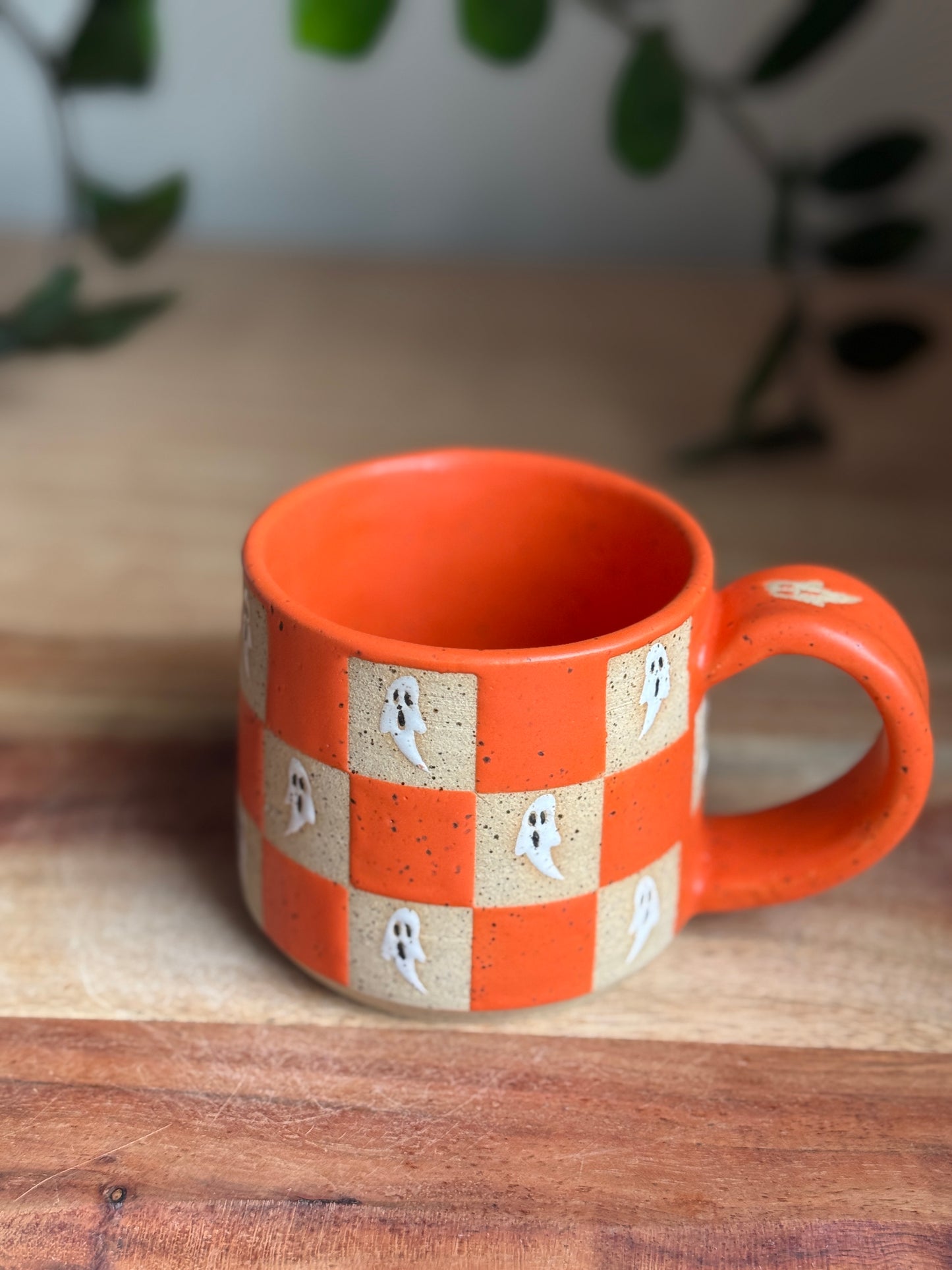 Matte Orange Checkered Ghost Mug