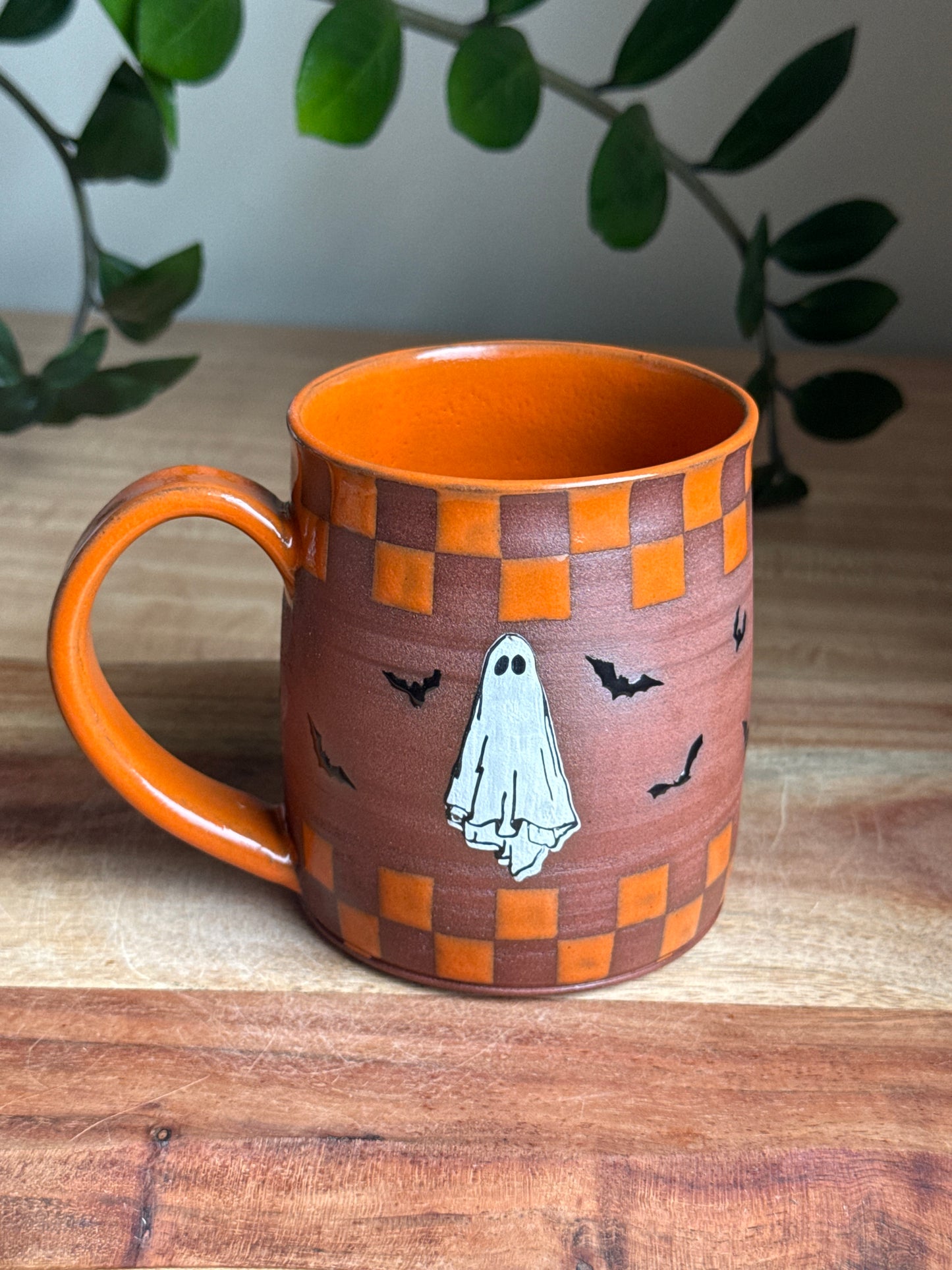 Orange Checkered Mug w. Single Ghost (Red Clay)