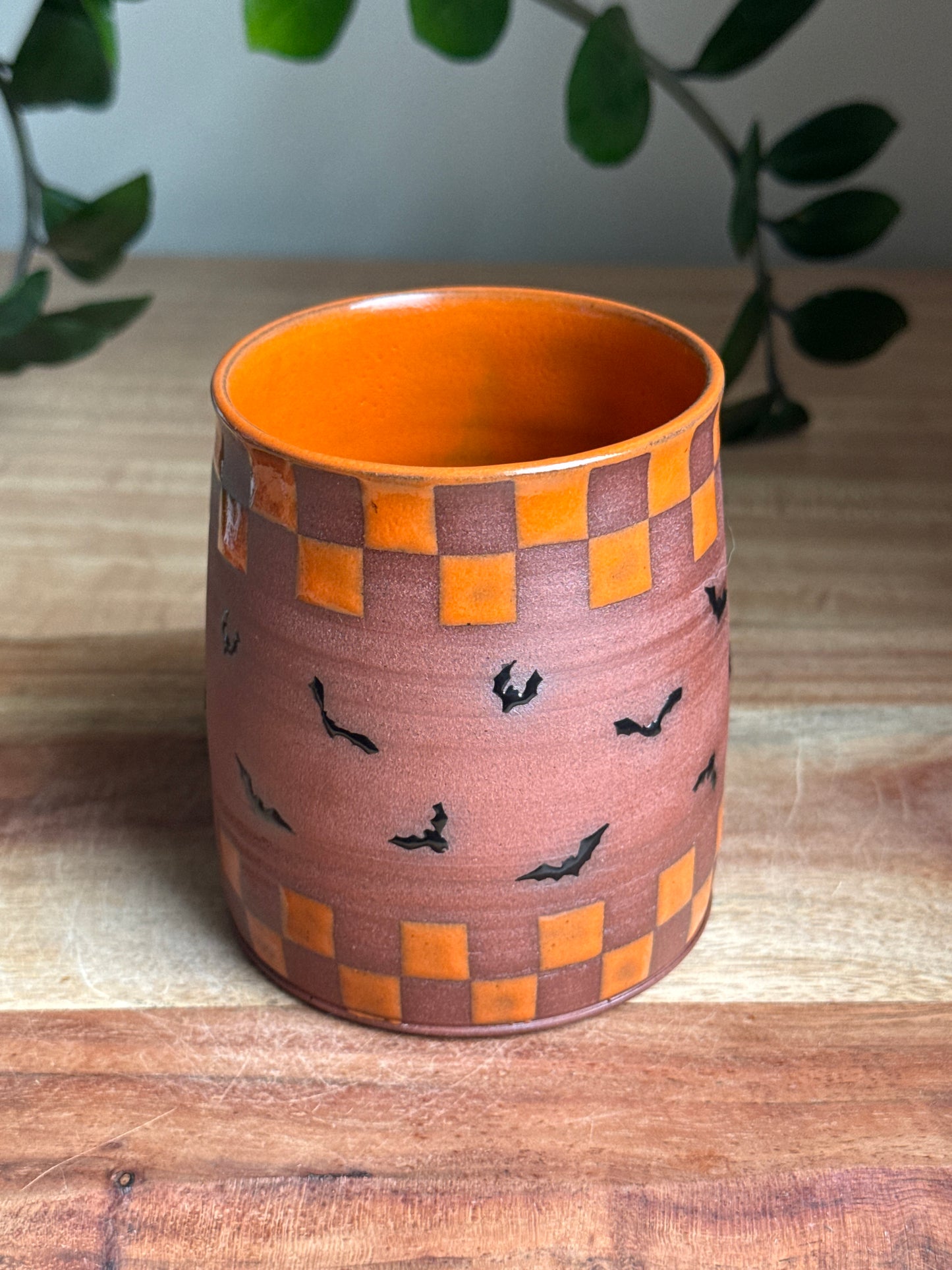 Orange Checkered Mug w. Single Ghost (Red Clay)