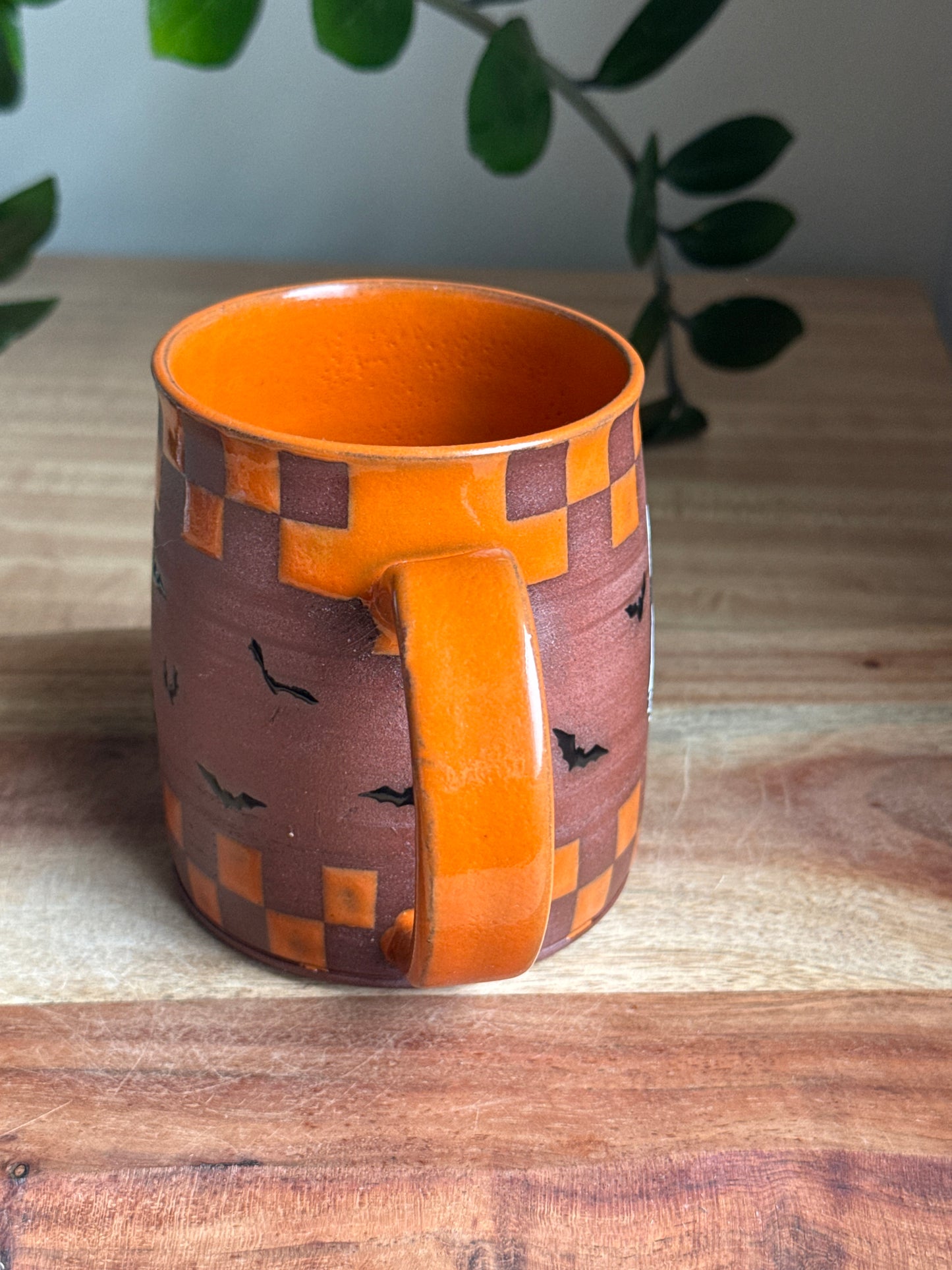 Orange Checkered Mug w. Single Ghost (Red Clay)