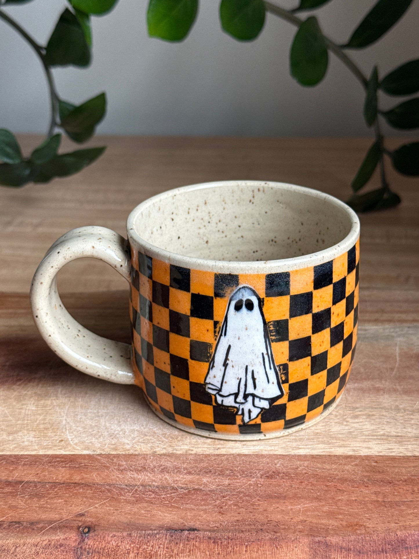 Orange and Black Checkered Ghost Mug