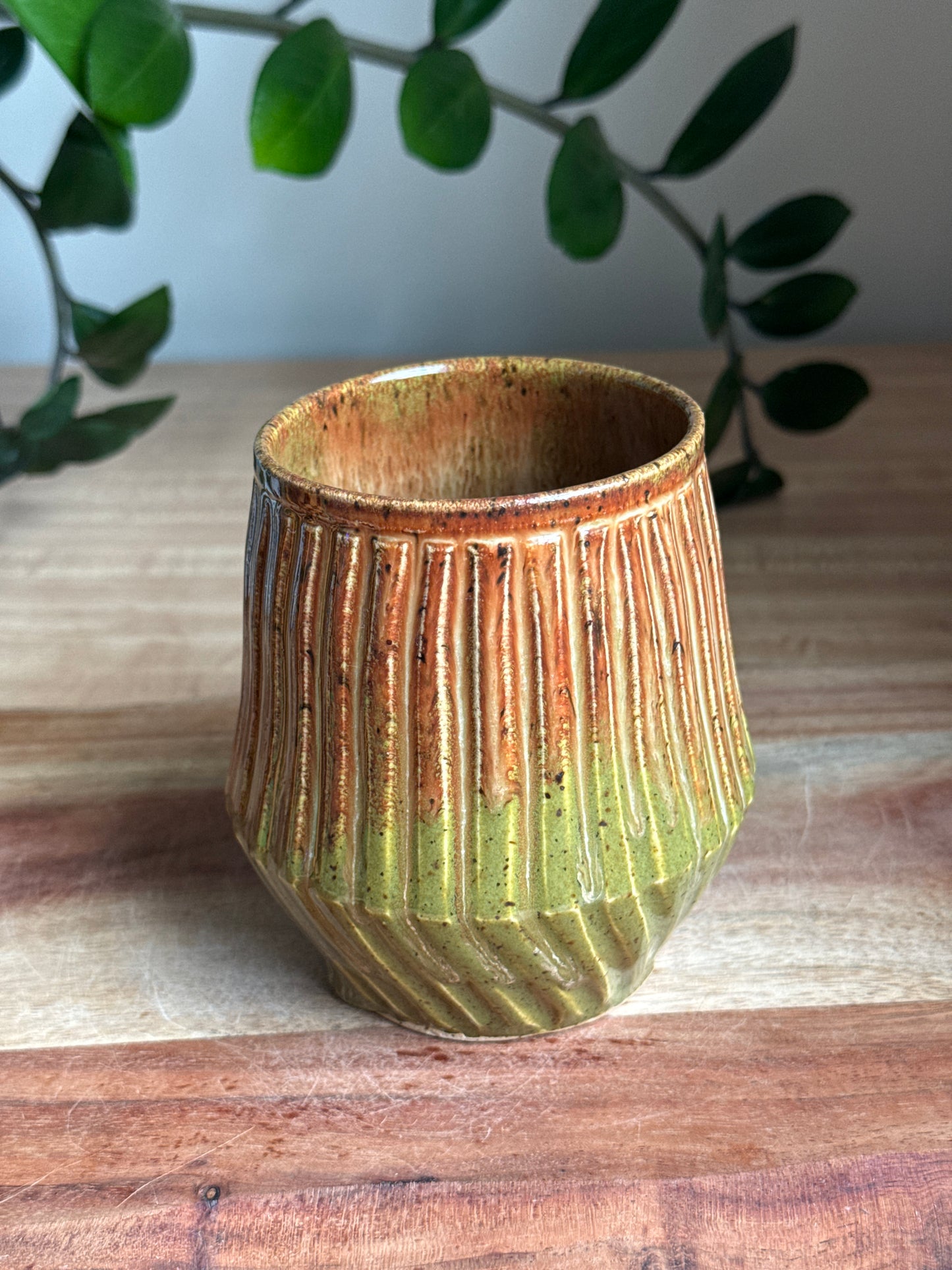 Green and Brown Carved Mug