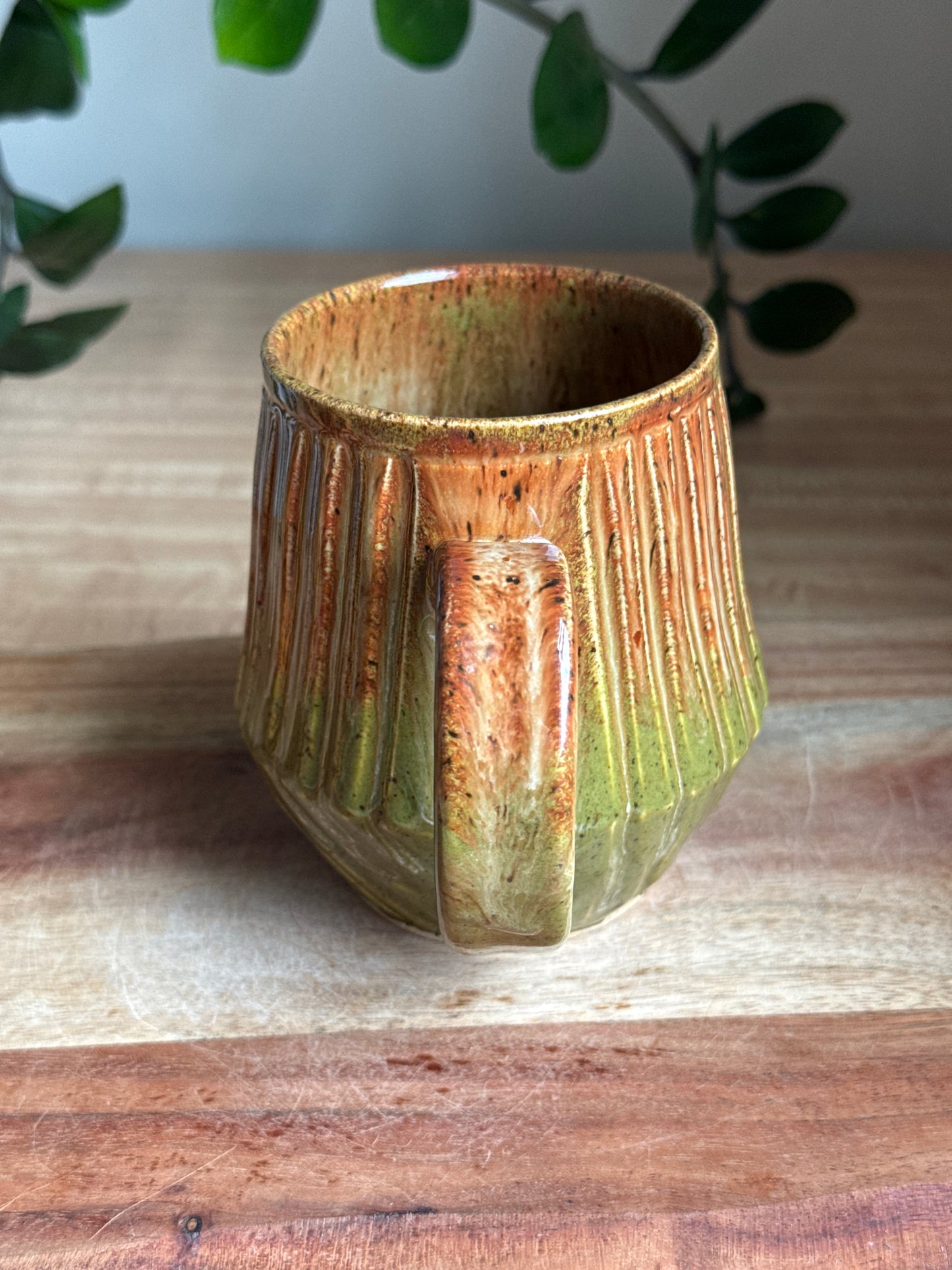 Green and Brown Carved Mug