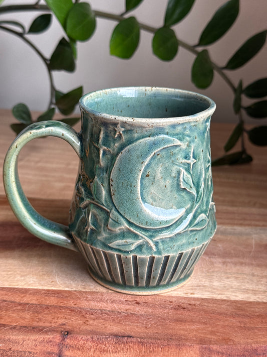 Blue Carved Moon and Leaves Mug A