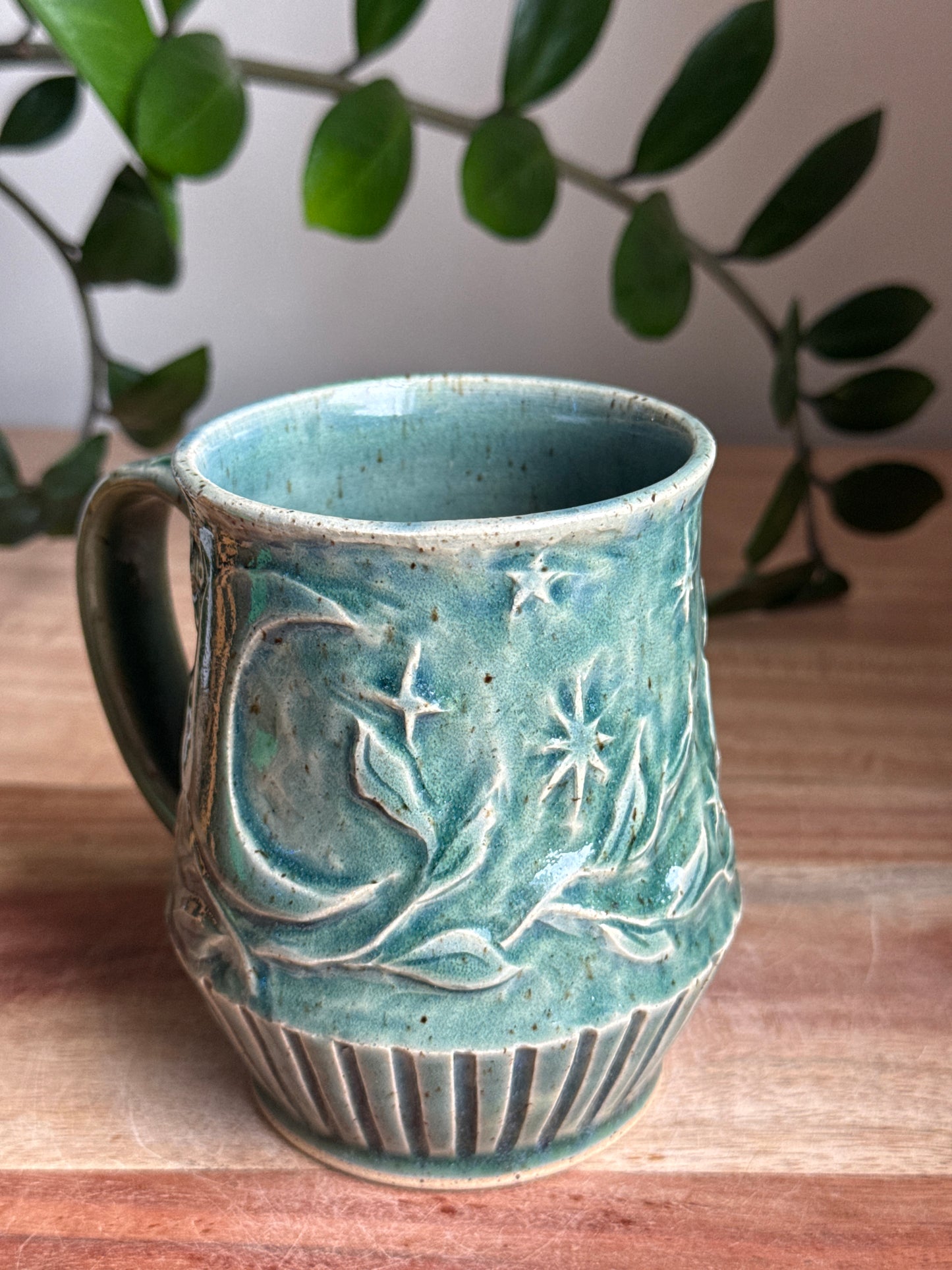 Blue Carved Moon and Leaves Mug A