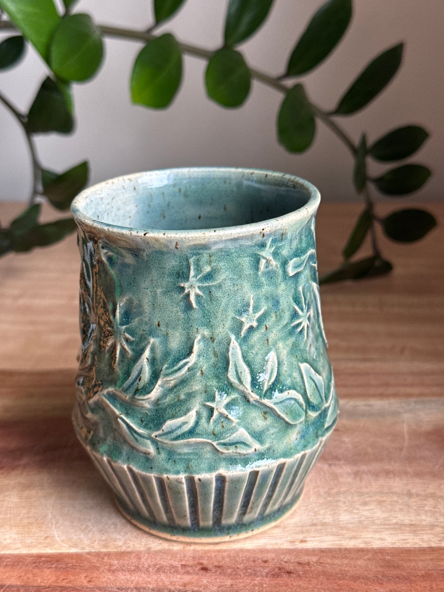 Blue Carved Moon and Leaves Mug A