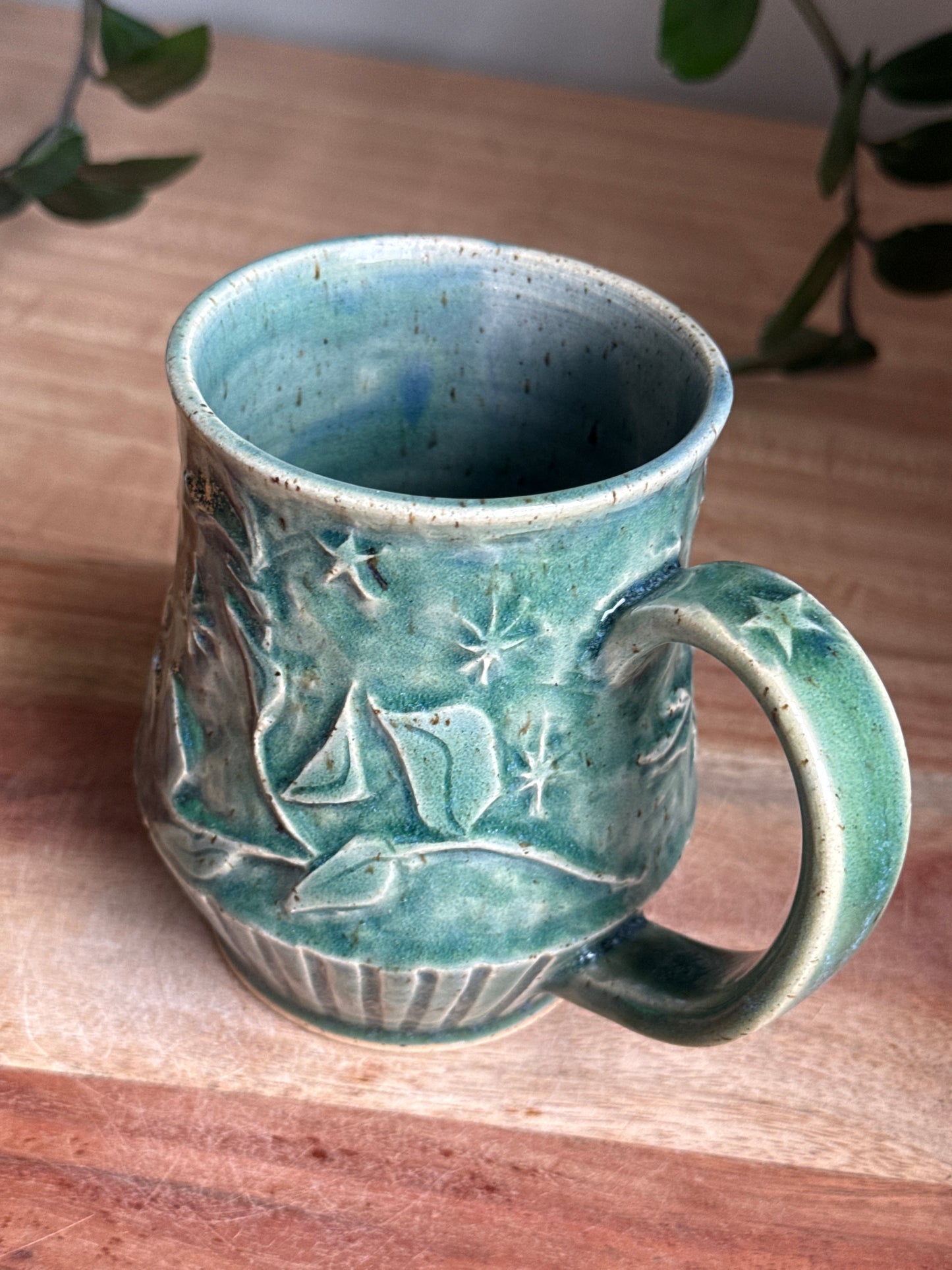 Blue Carved Moon and Leaves Mug A