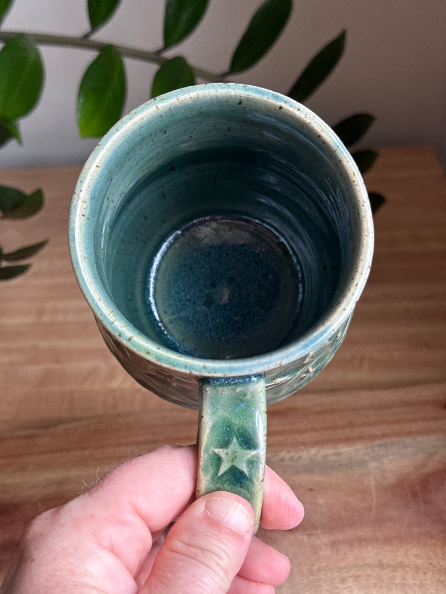 Blue Carved Moon and Leaves Mug A