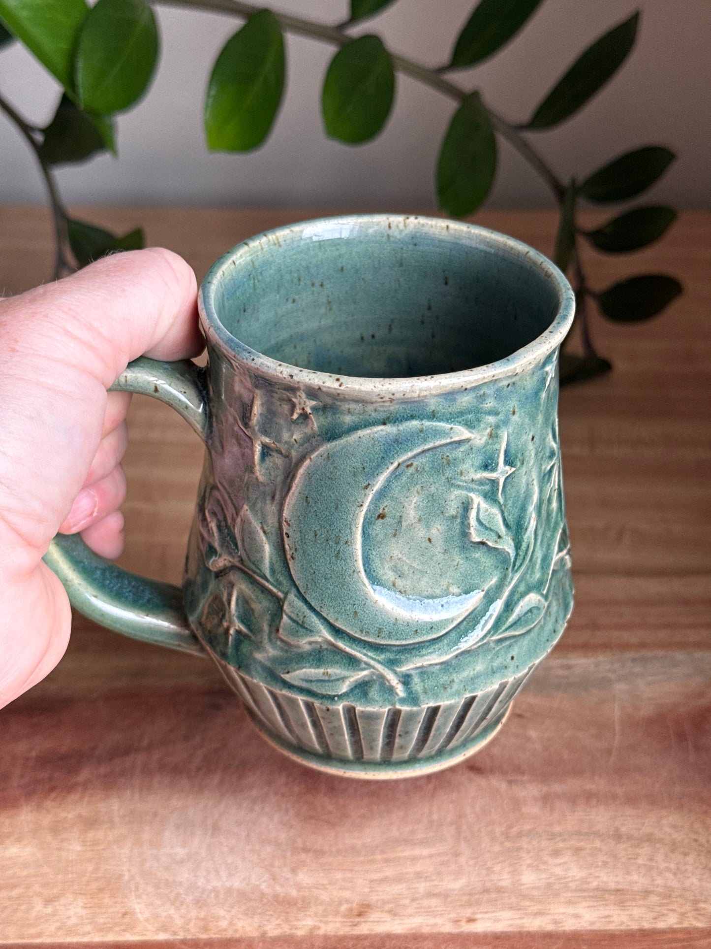 Blue Carved Moon and Leaves Mug A