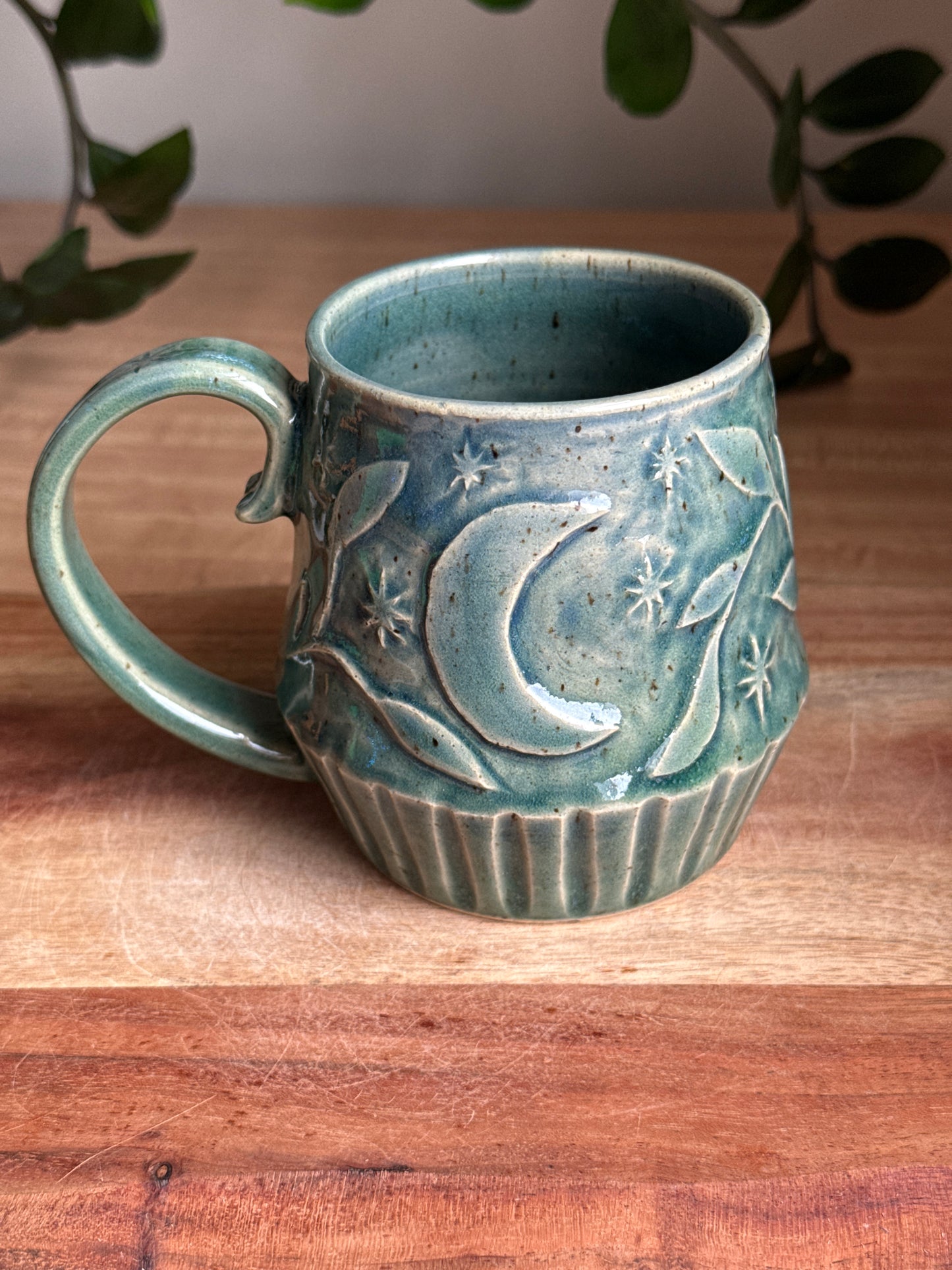 Blue Carved Moon and Leaves Mug B