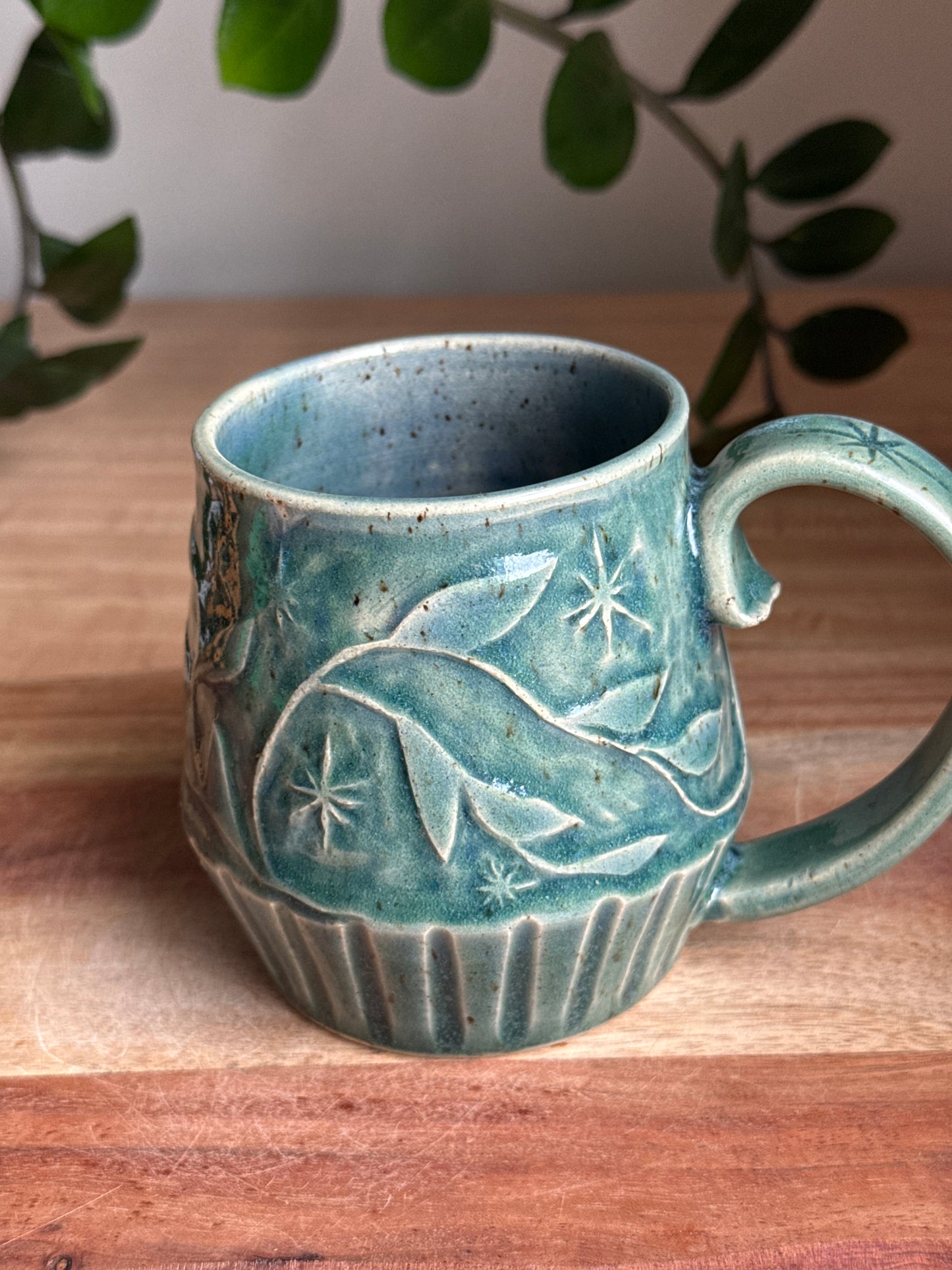 Blue Carved Moon and Leaves Mug B