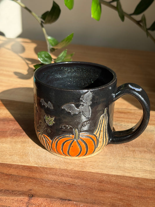 Carved Ghost Character and Pumpkin Scene Mug