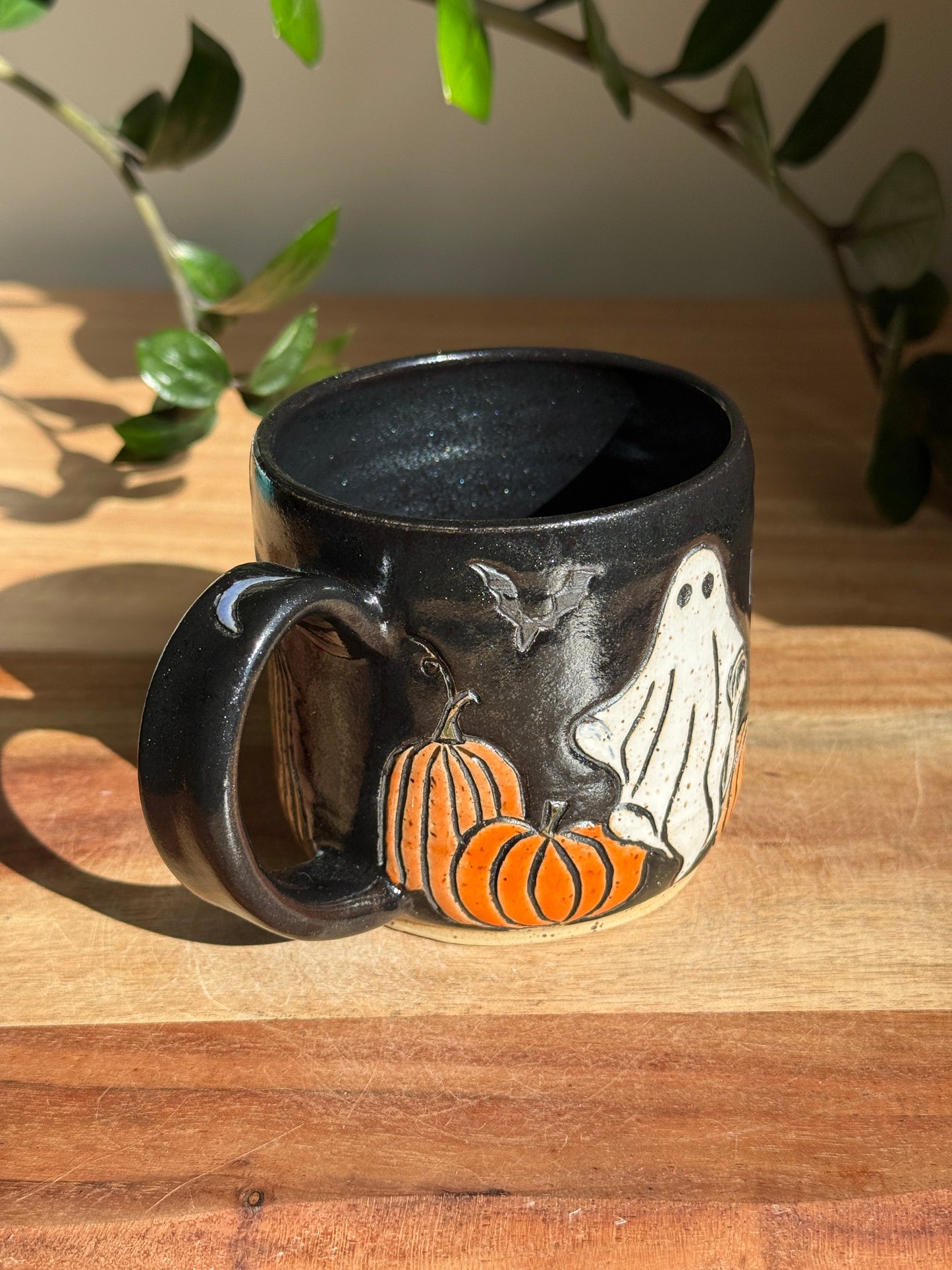 Carved Ghost Character and Pumpkin Scene Mug