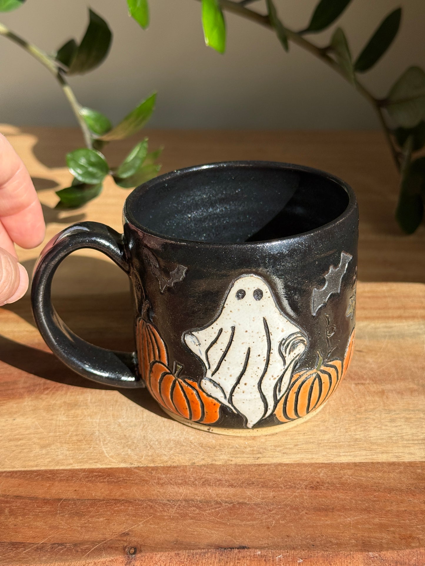 Carved Ghost Character and Pumpkin Scene Mug