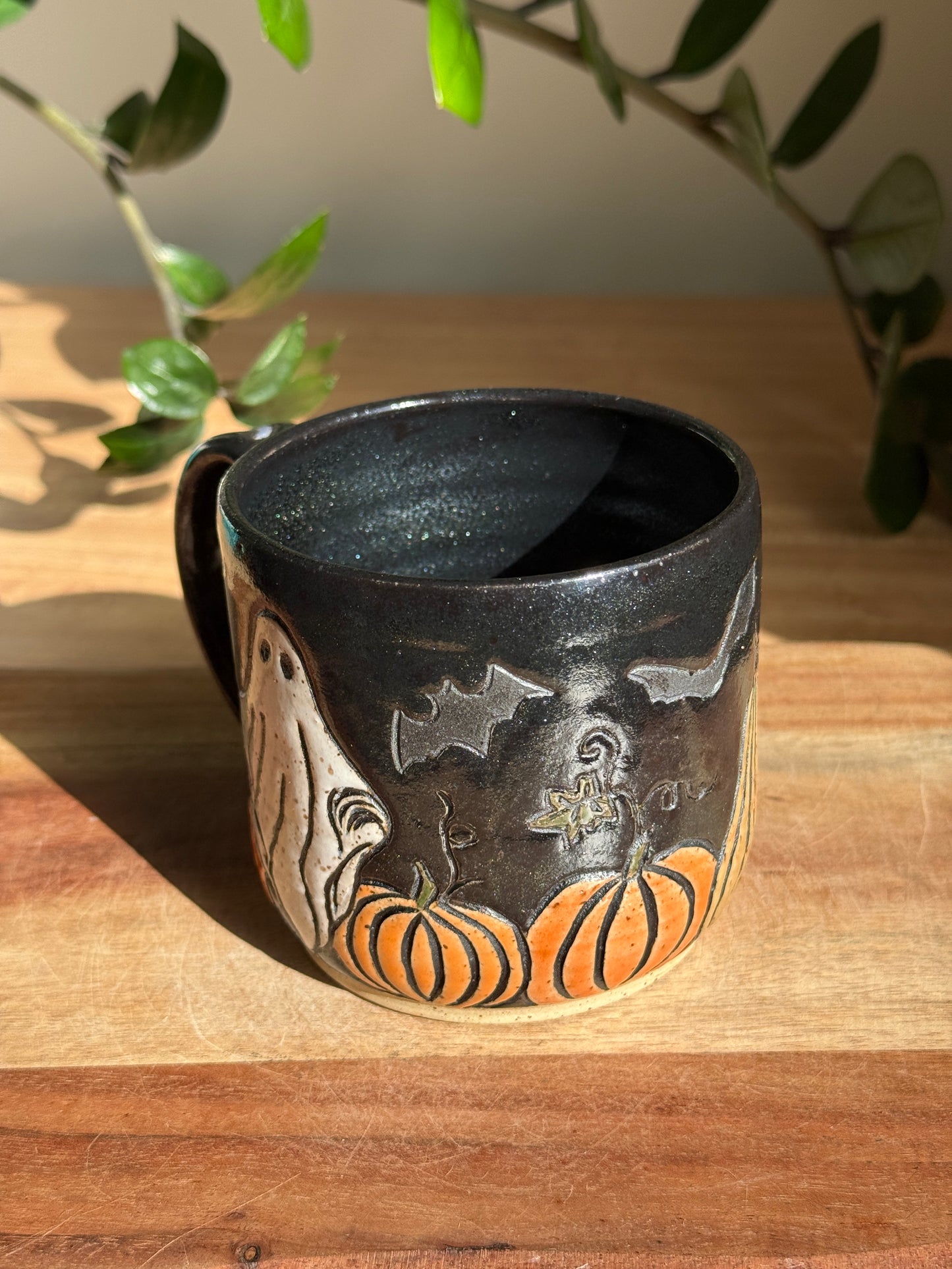 Carved Ghost Character and Pumpkin Scene Mug