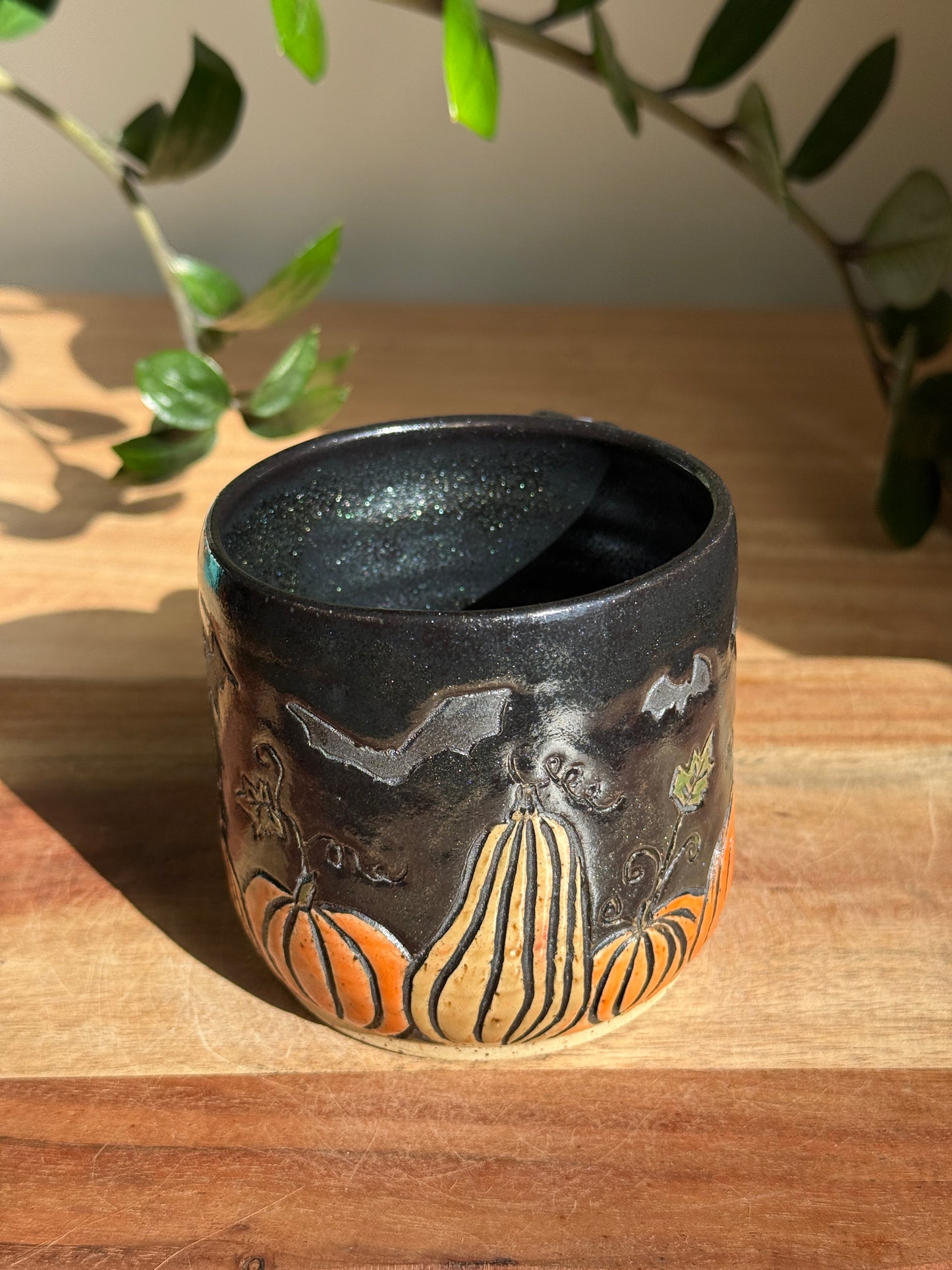 Carved Ghost Character and Pumpkin Scene Mug
