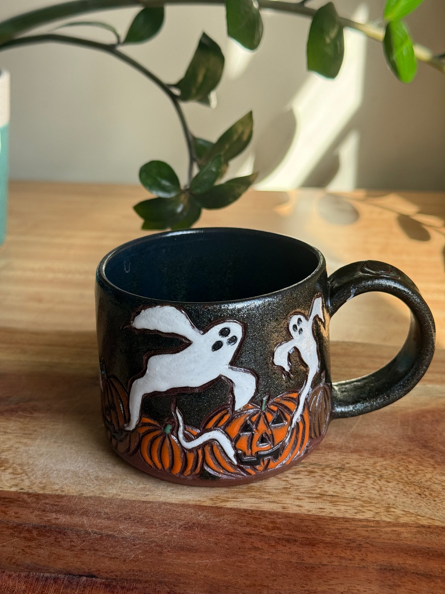 Carved Ghost and Pumpkin Scene Mug B