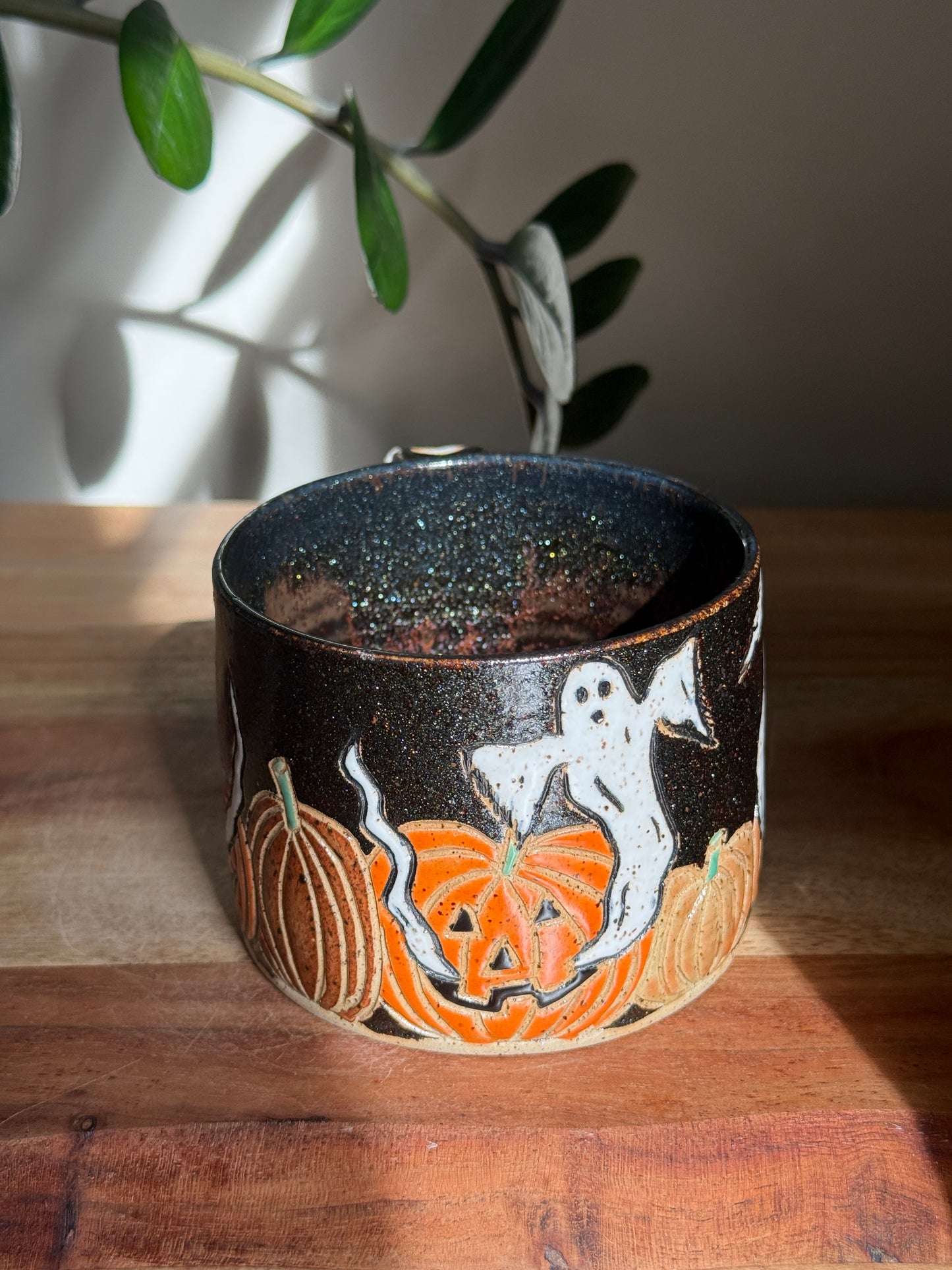 Carved Ghost and Pumpkin Scene Mug C
